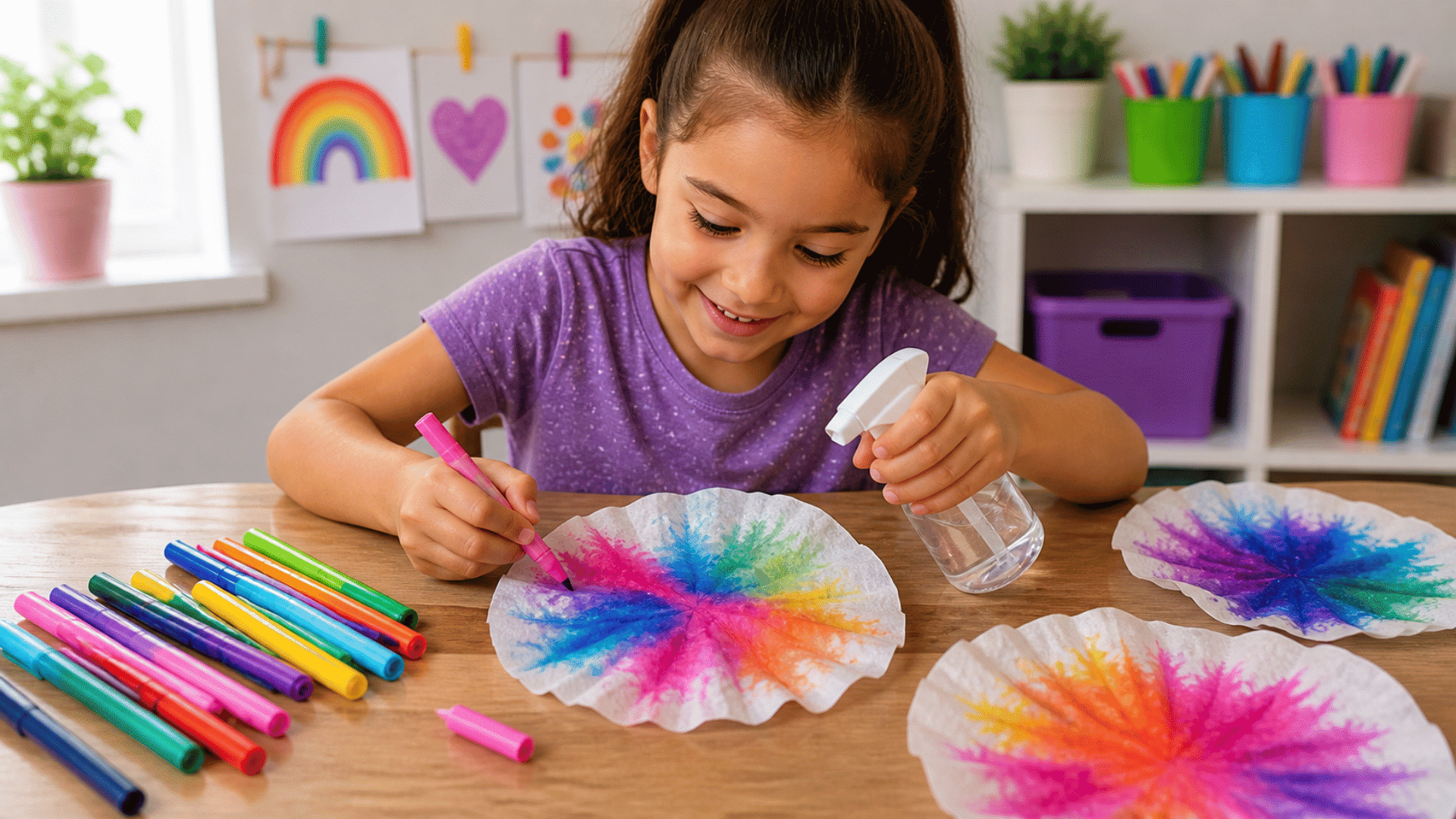 Young child coloring coffee filters with markers and spraying water, creating bright blended patterns at a craft table in a sunny room