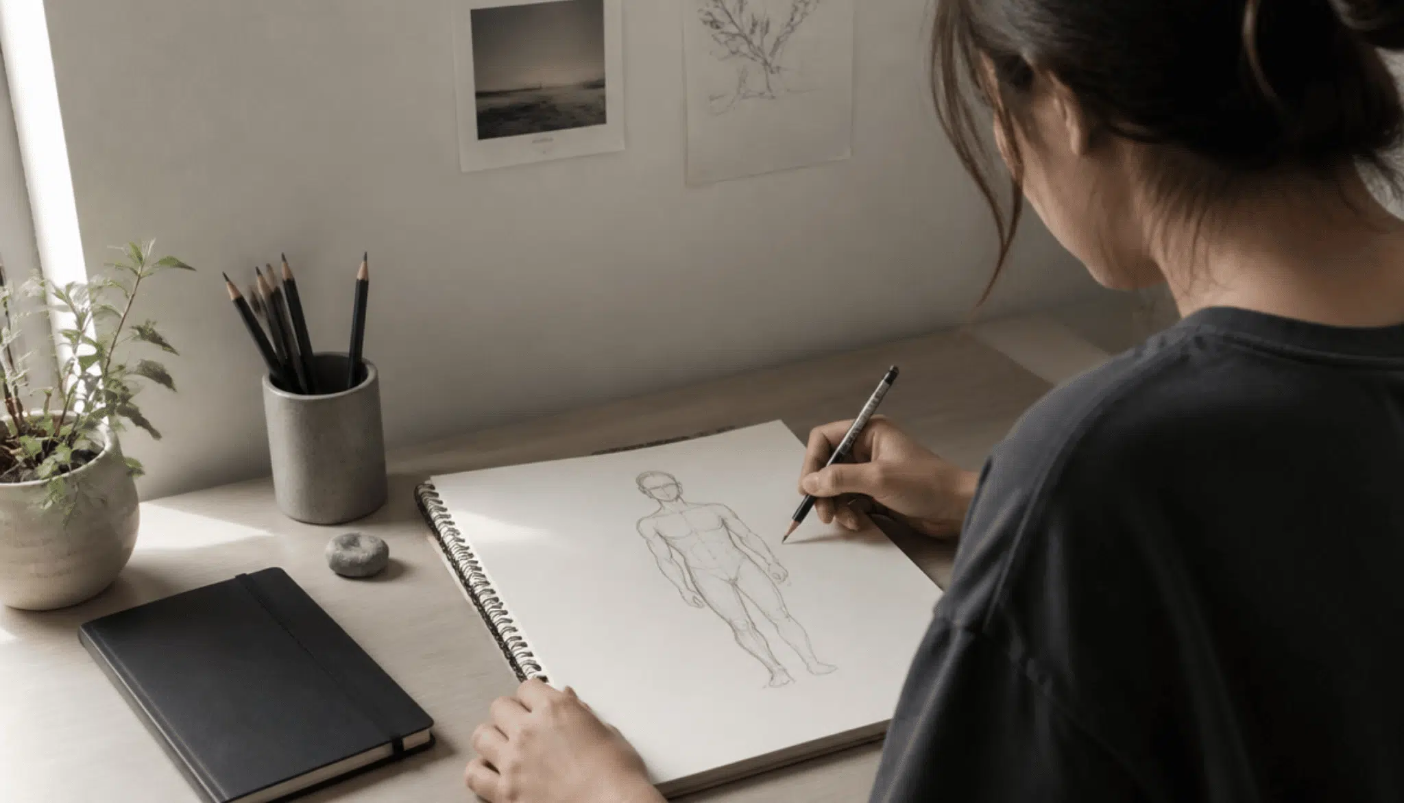 A beginner artist sketching a full human figure step by step on a sketchbook with a pencil on a clean desk