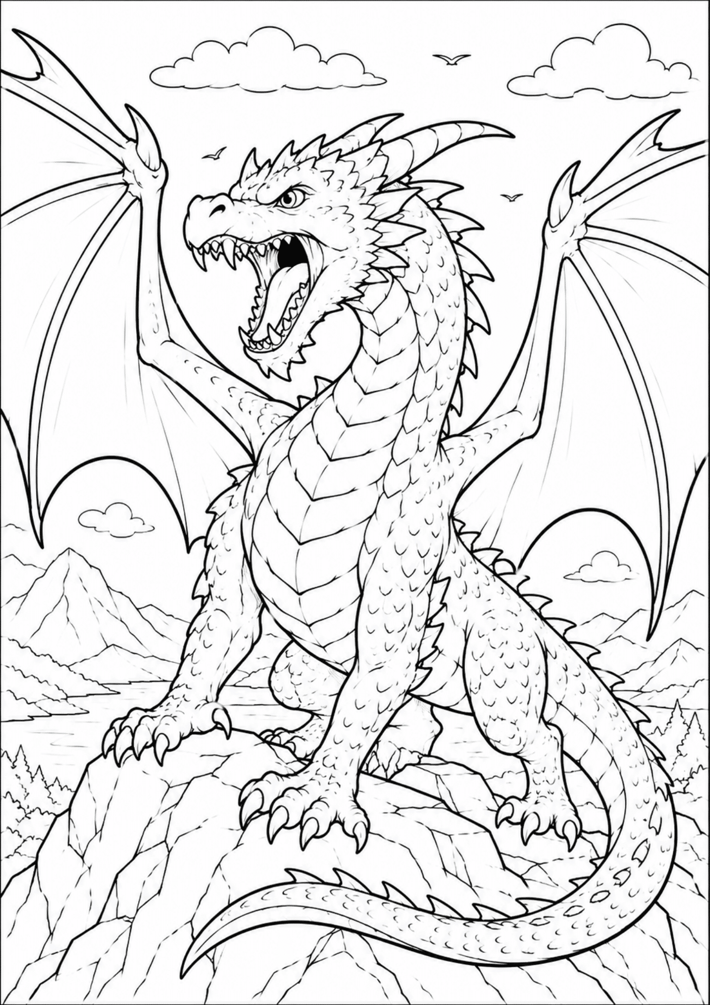 A terrifying realistic dragon roaring with sharp teeth and massive wings, highly detailed coloring page, black and white fantasy line art.