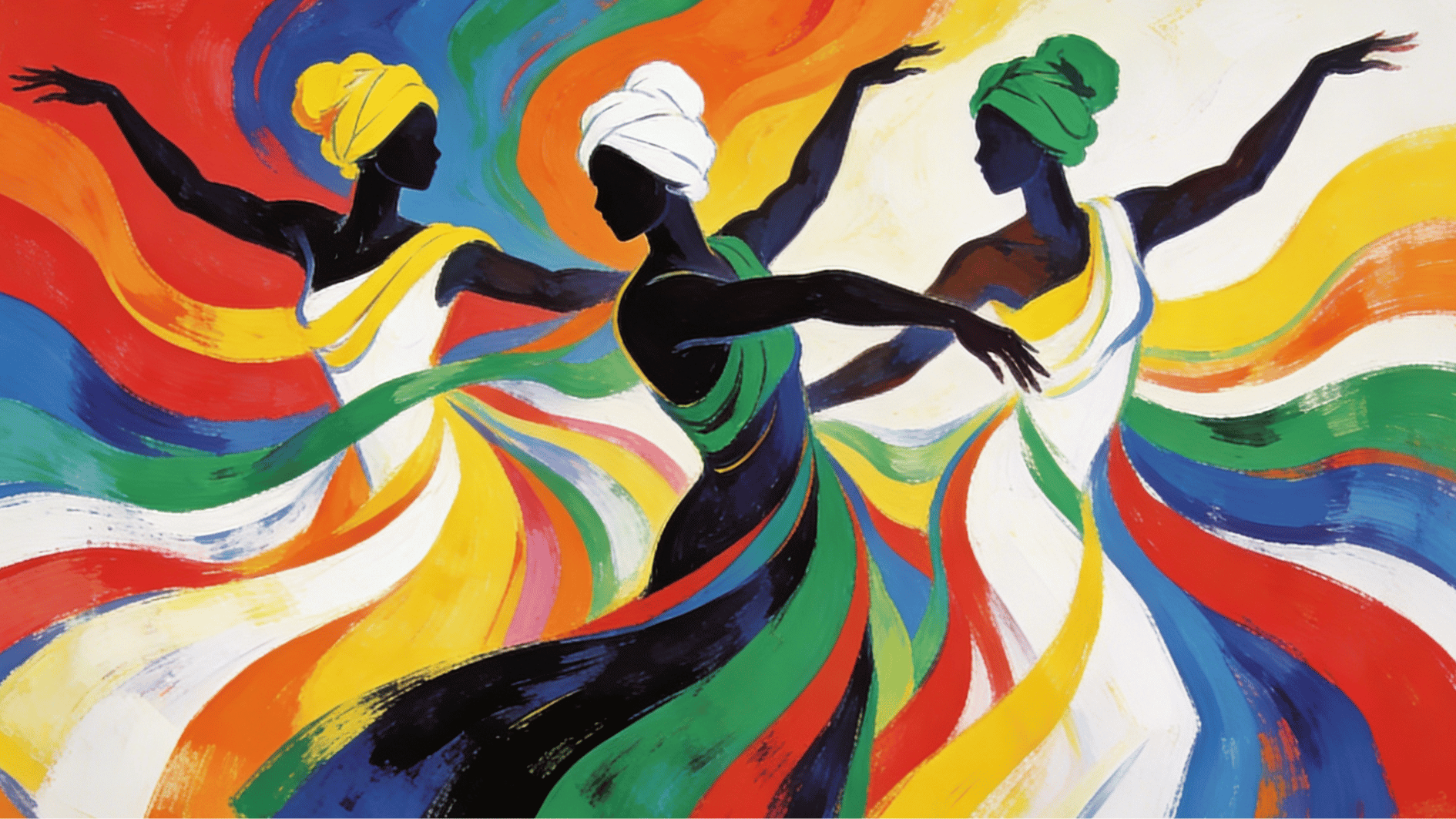abstract painting of dancers with flowing colorful lines showing rhythm and movement in art