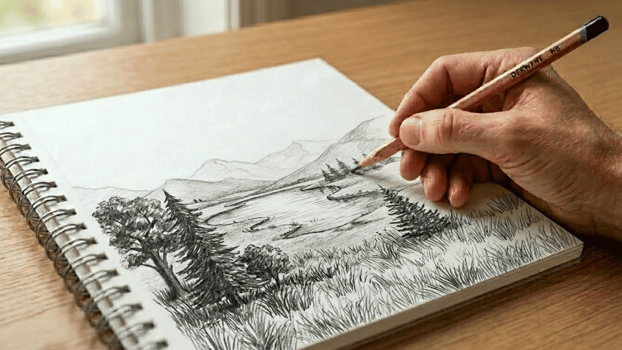 landscape sketch developing depth with foreground grass, middle ground lake, and mountains.
