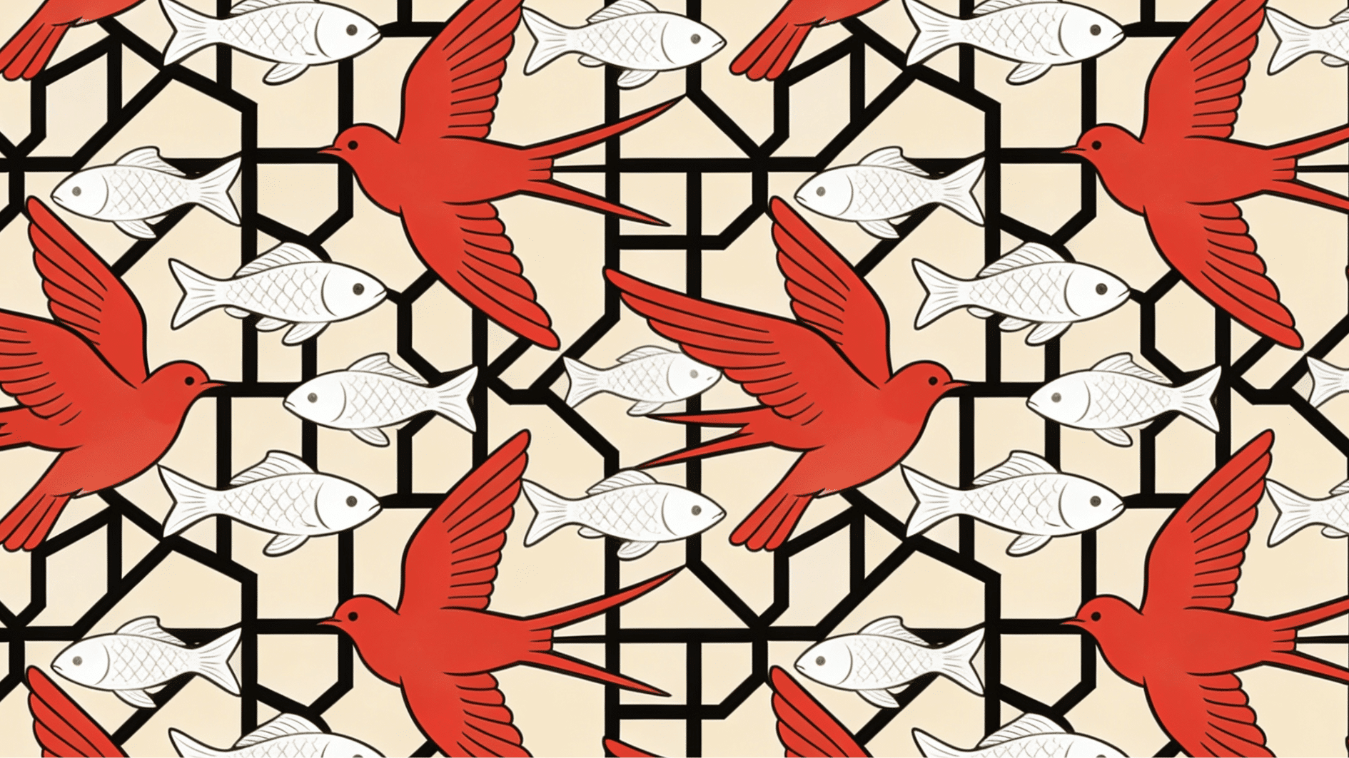 alternating rhythm art pattern with red birds and white fish repeating in a balanced design