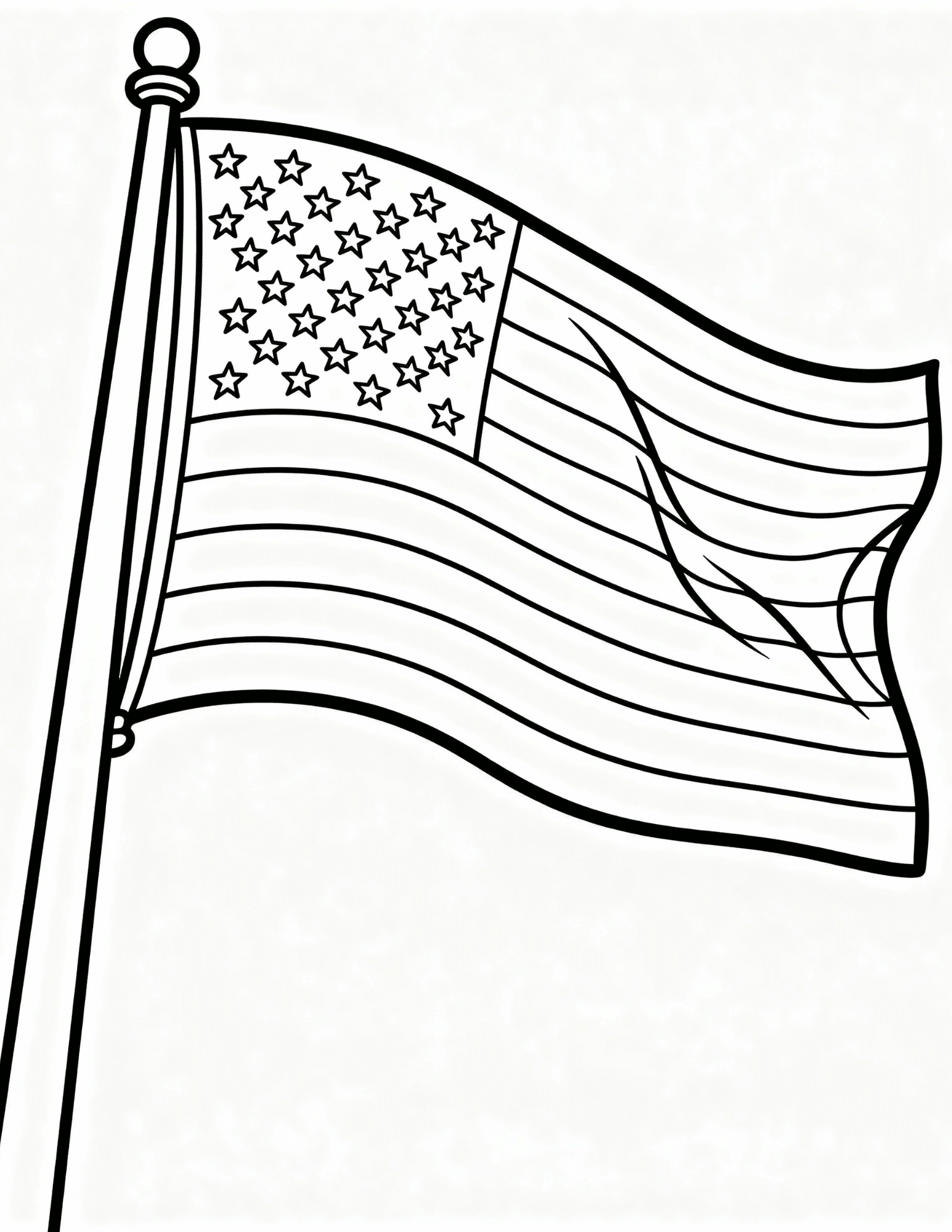 american flag waving proudly on a tall flagpole in black and white outline coloring page for kids