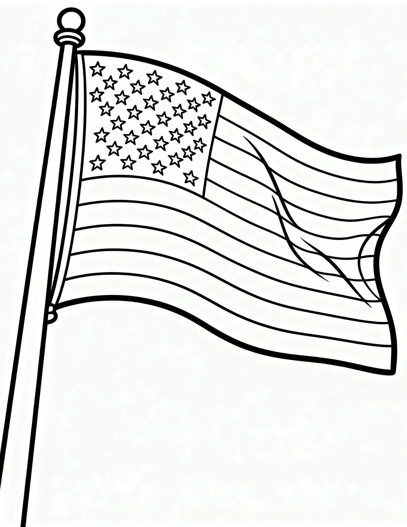 american flag waving proudly on a tall flagpole in black and white outline coloring page for kids