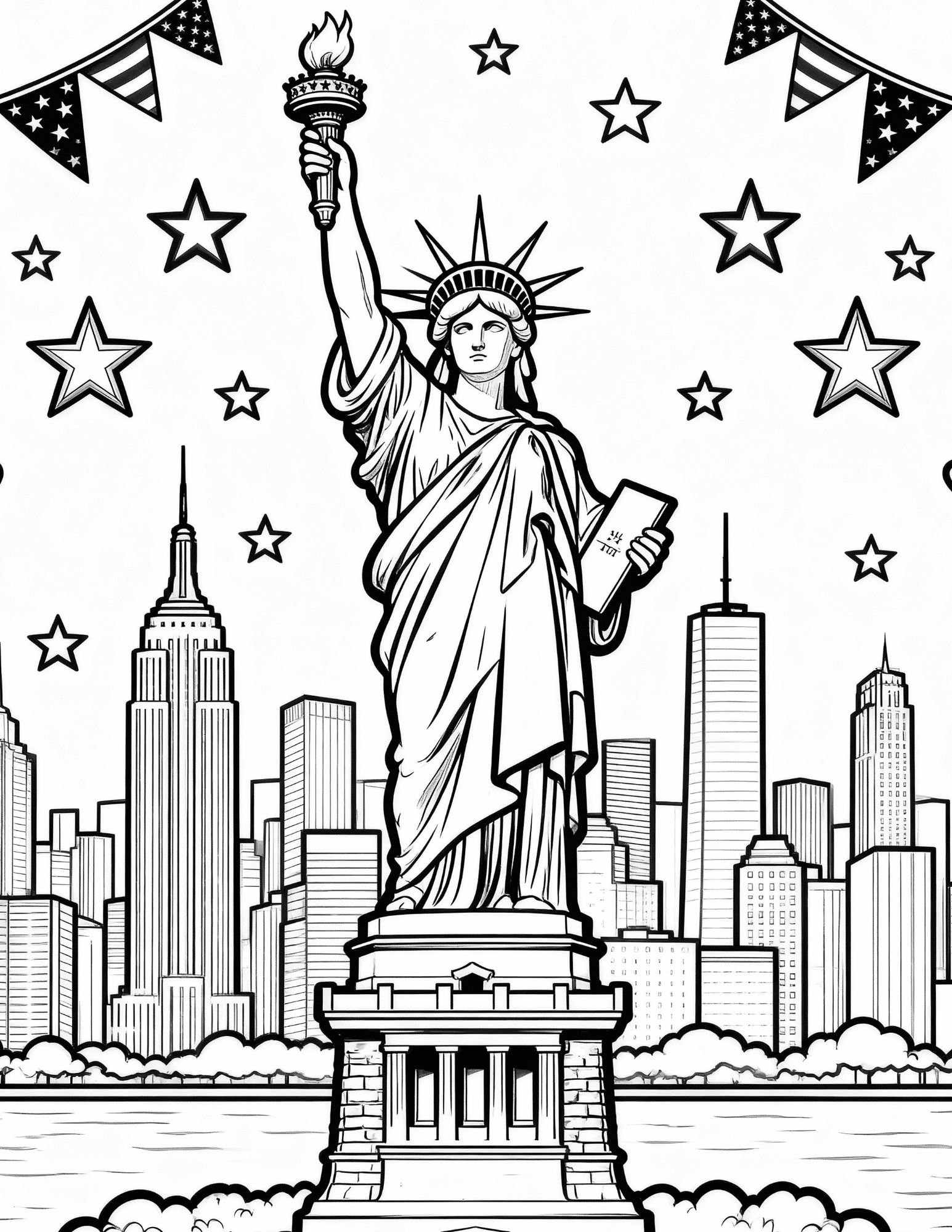 mount rushmore with patriotic stars and flags black outline coloring page for fourth of july