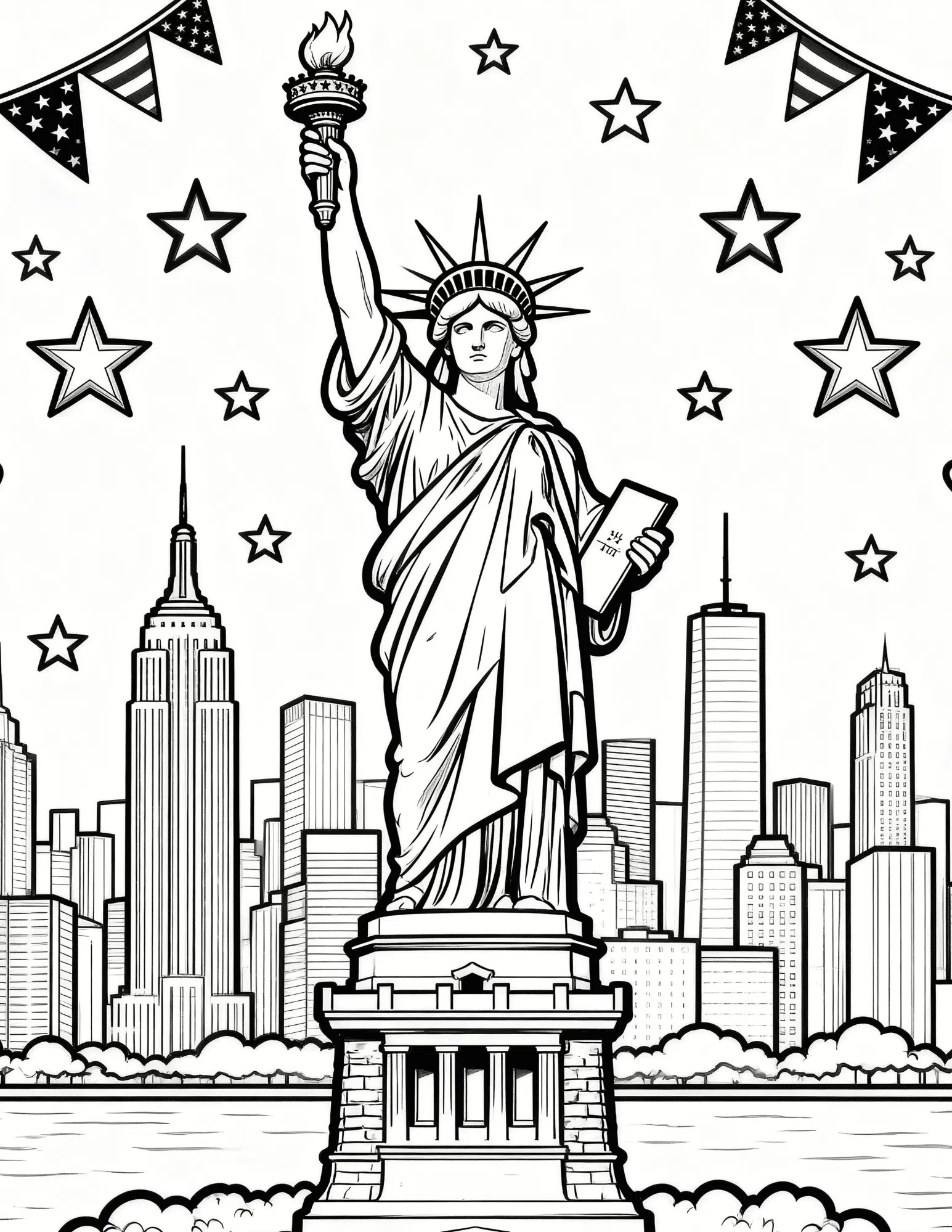mount rushmore with patriotic stars and flags black outline coloring page for fourth of july