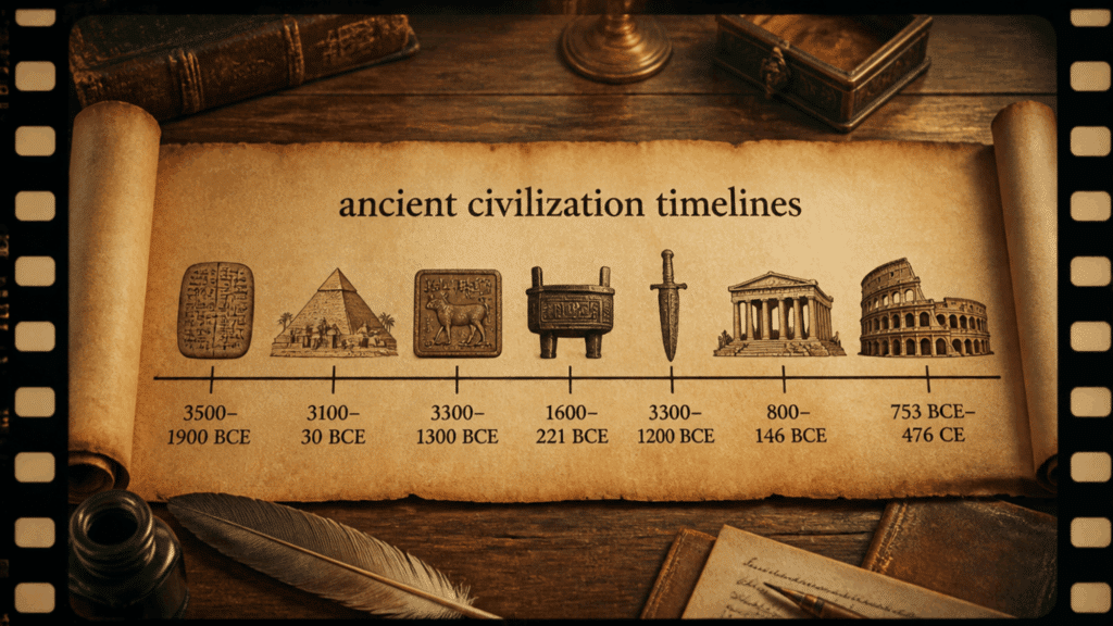 ancient timeline on parchment with egypt, mesopotamia, china, greece and rome