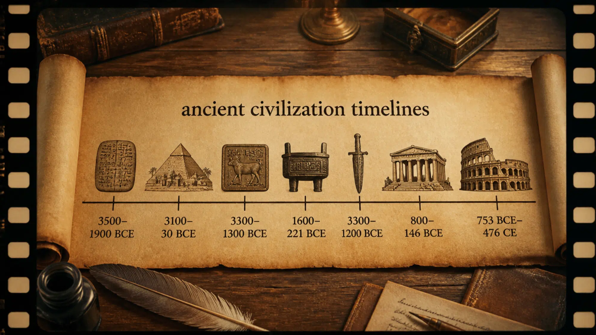 ancient timeline on parchment with egypt, mesopotamia, china, greece and rome
