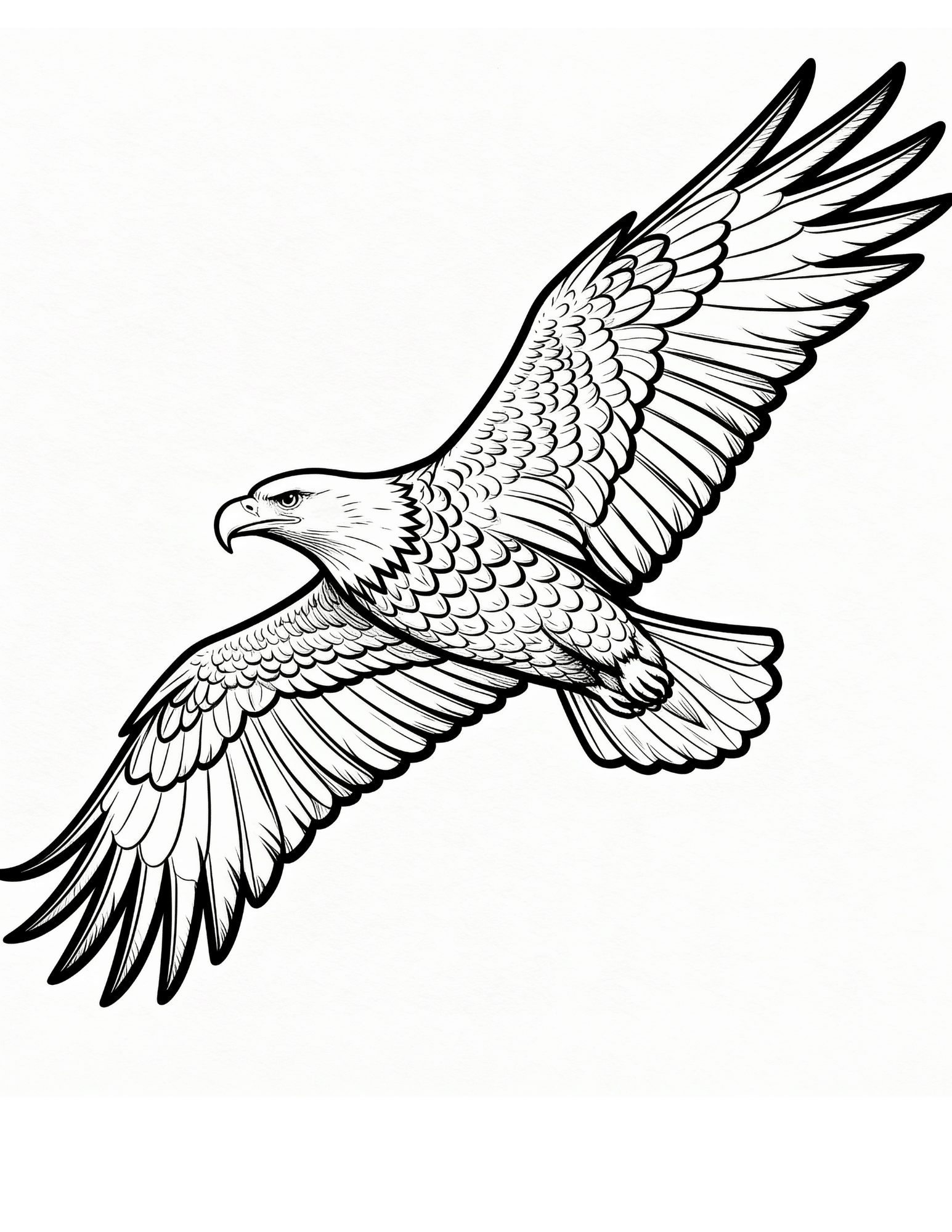 bald eagle soaring with spread wings above mountains black and white outline coloring page for kids