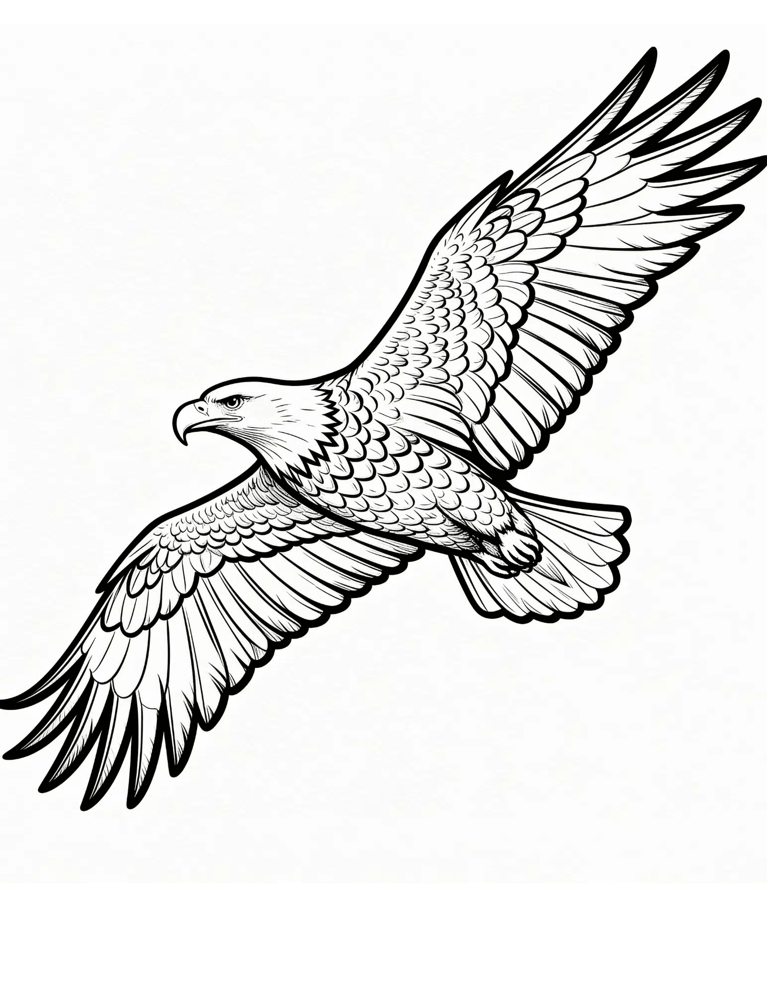 bald eagle soaring with spread wings above mountains black and white outline coloring page for kids