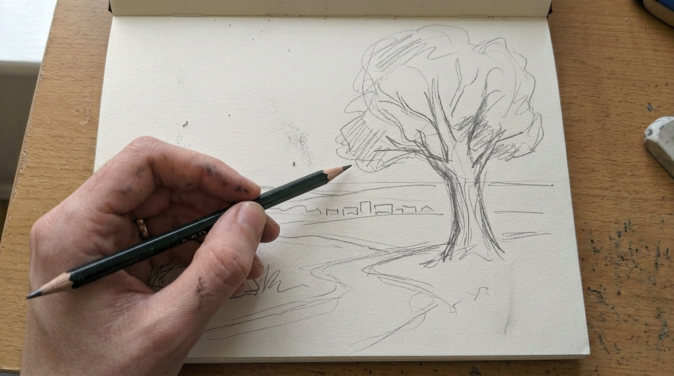 Rough pencil sketch outlining a basic landscape composition on white paper