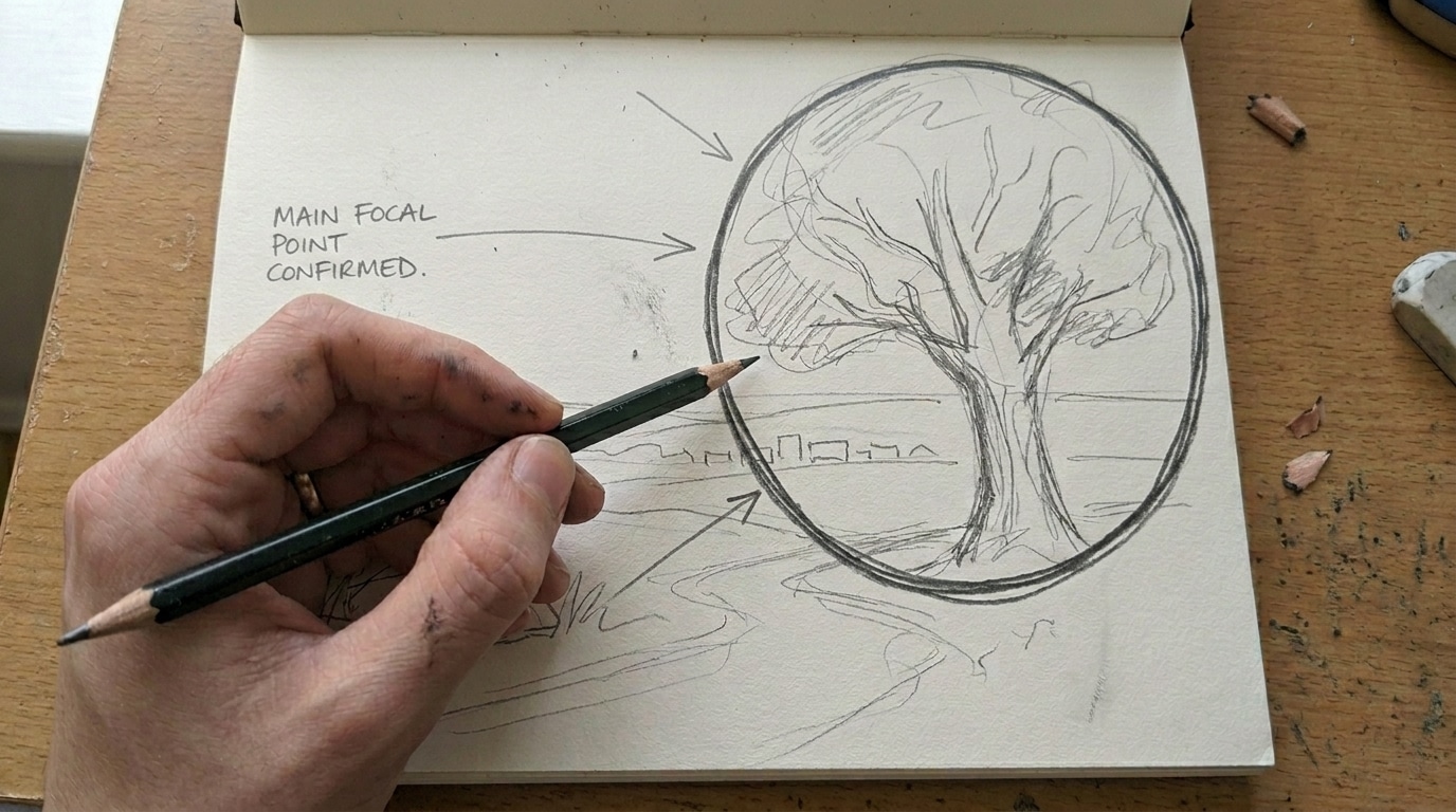 Pencil sketch with a circled focal point marked on the central tree