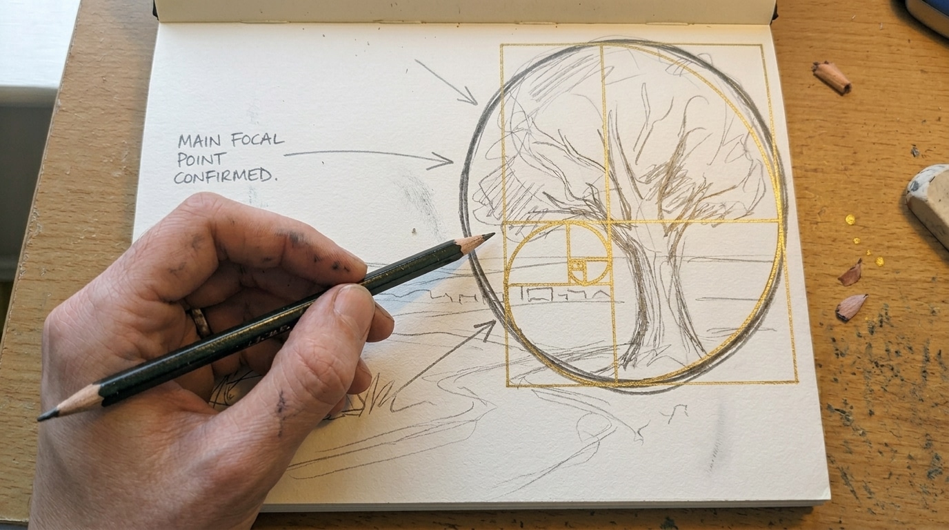 Golden spiral overlay aligned to the focal tree on a pencil sketch