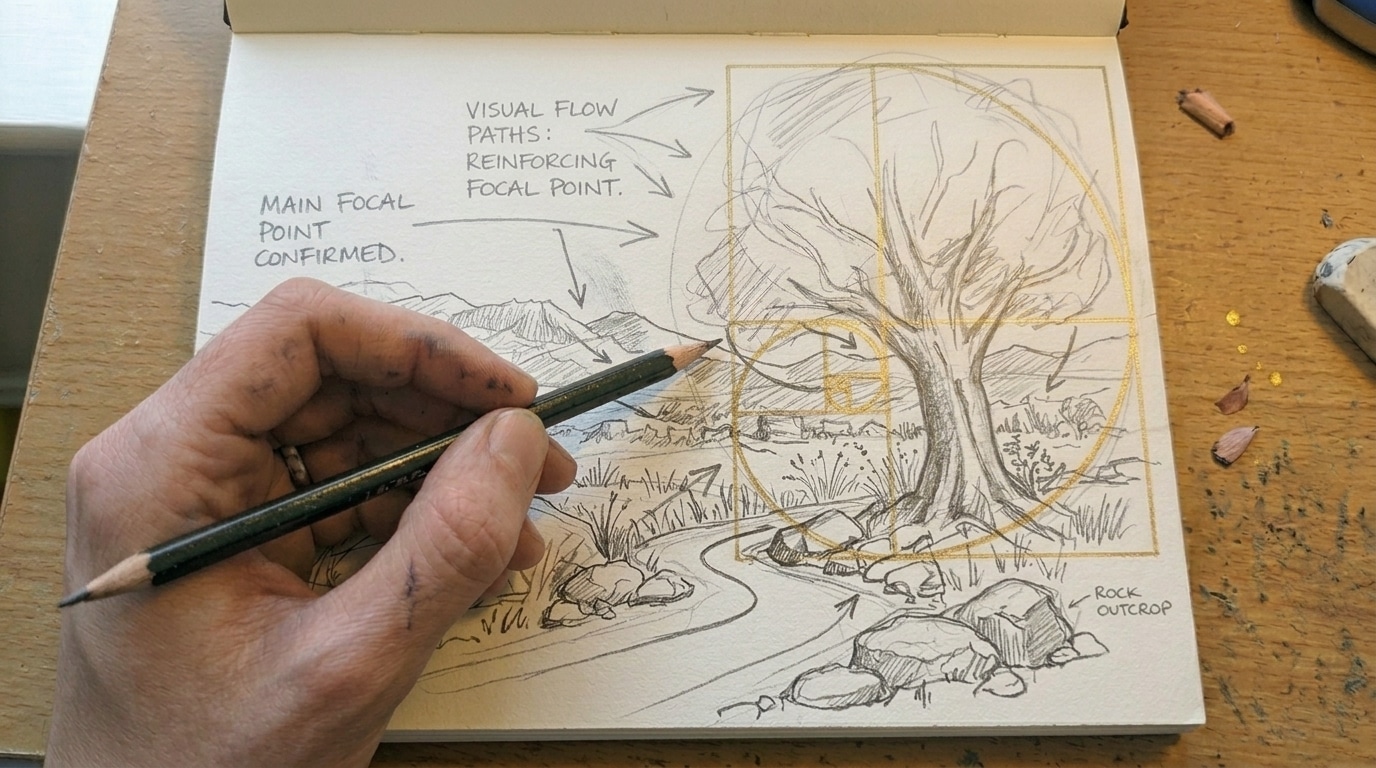 Pencil sketch showing rocks and pathways arranged around the focal tree