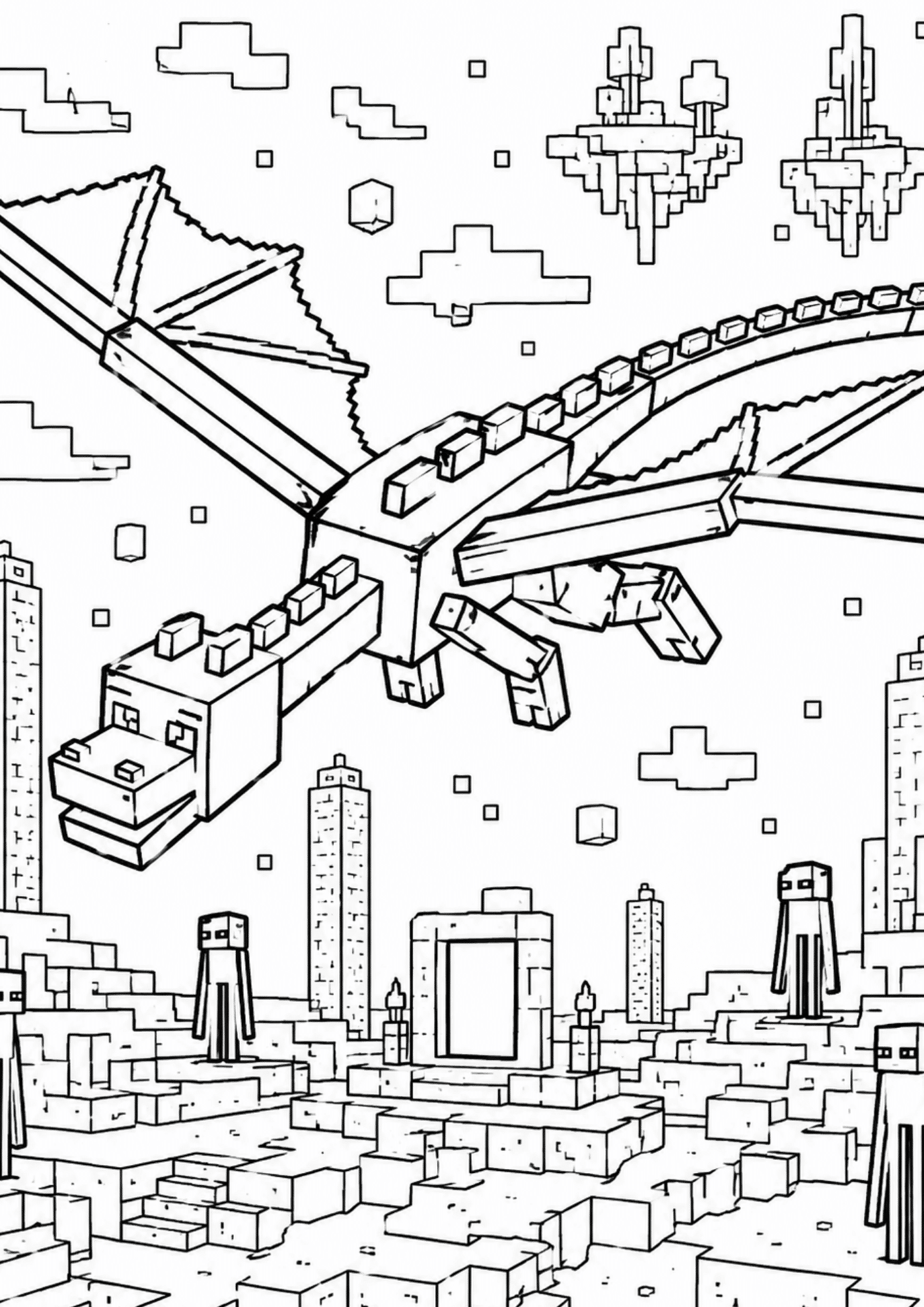 Blocky Ender Dragon flying through a pixelated fantasy world, bold black outlines, Minecraft-inspired printable coloring page.