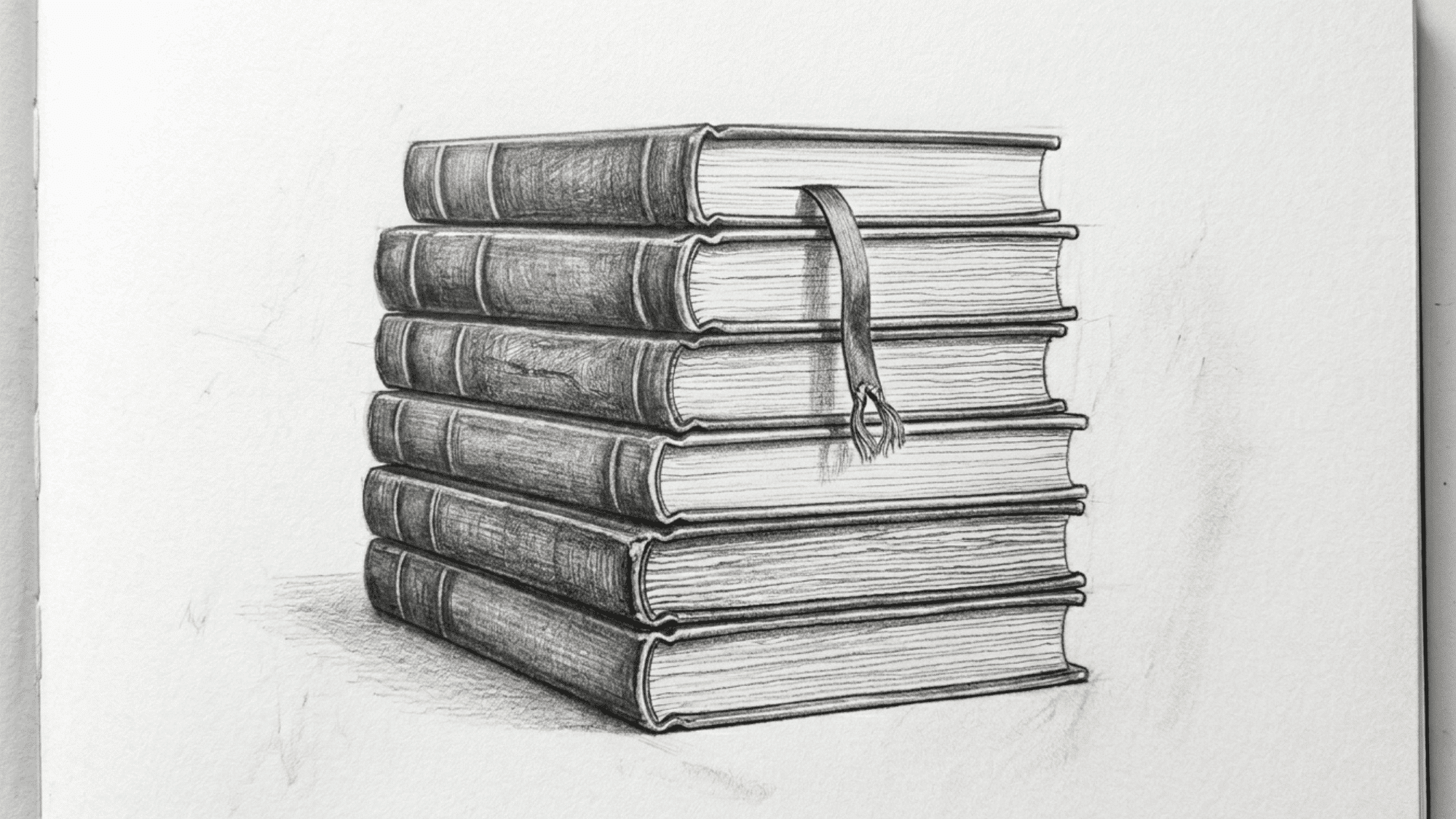 stack of books pencil sketch with page details bookmark and realistic shadows