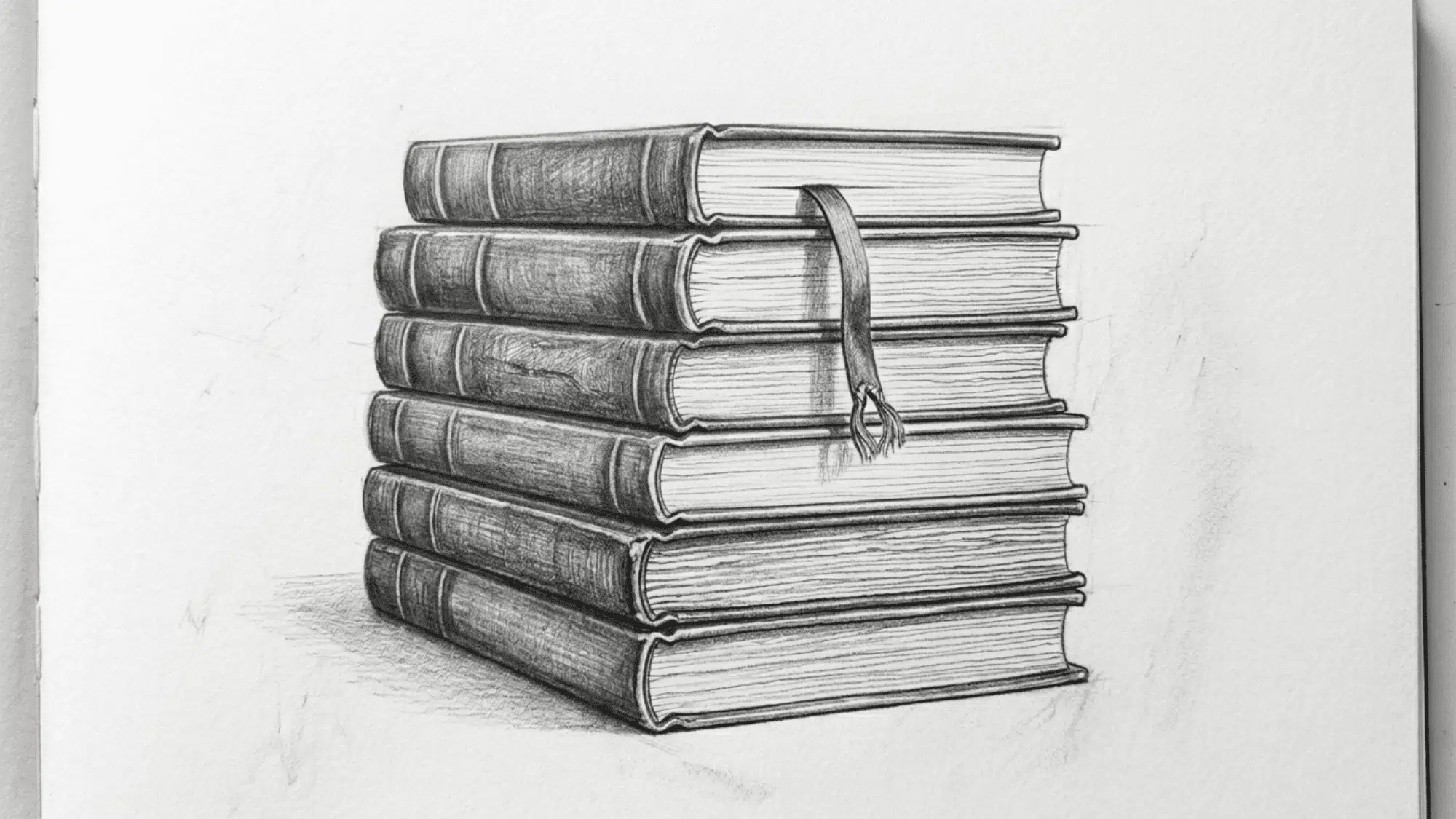 stack of books pencil sketch with page details bookmark and realistic shadows