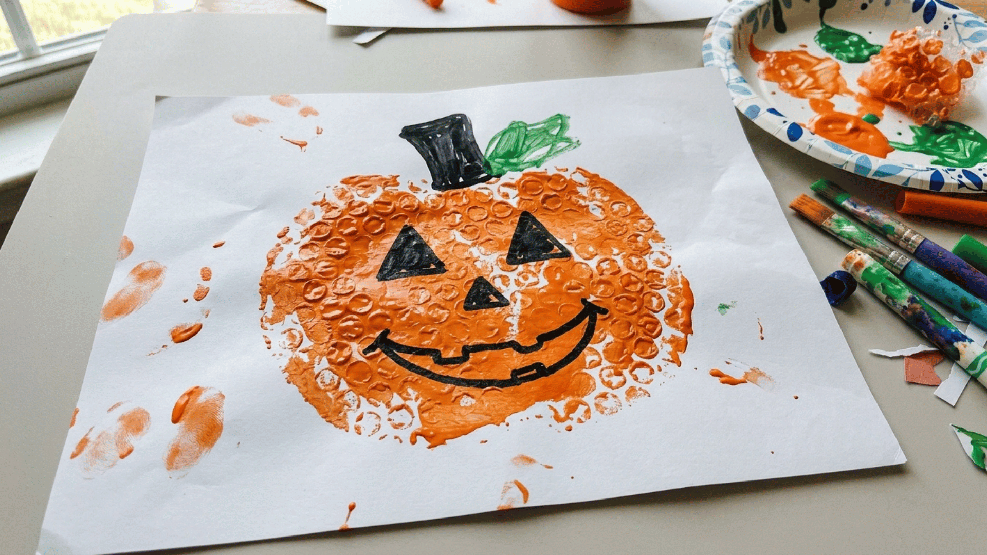 bubble wrap pumpkin print featuring textured orange paint stamped on cardstock.