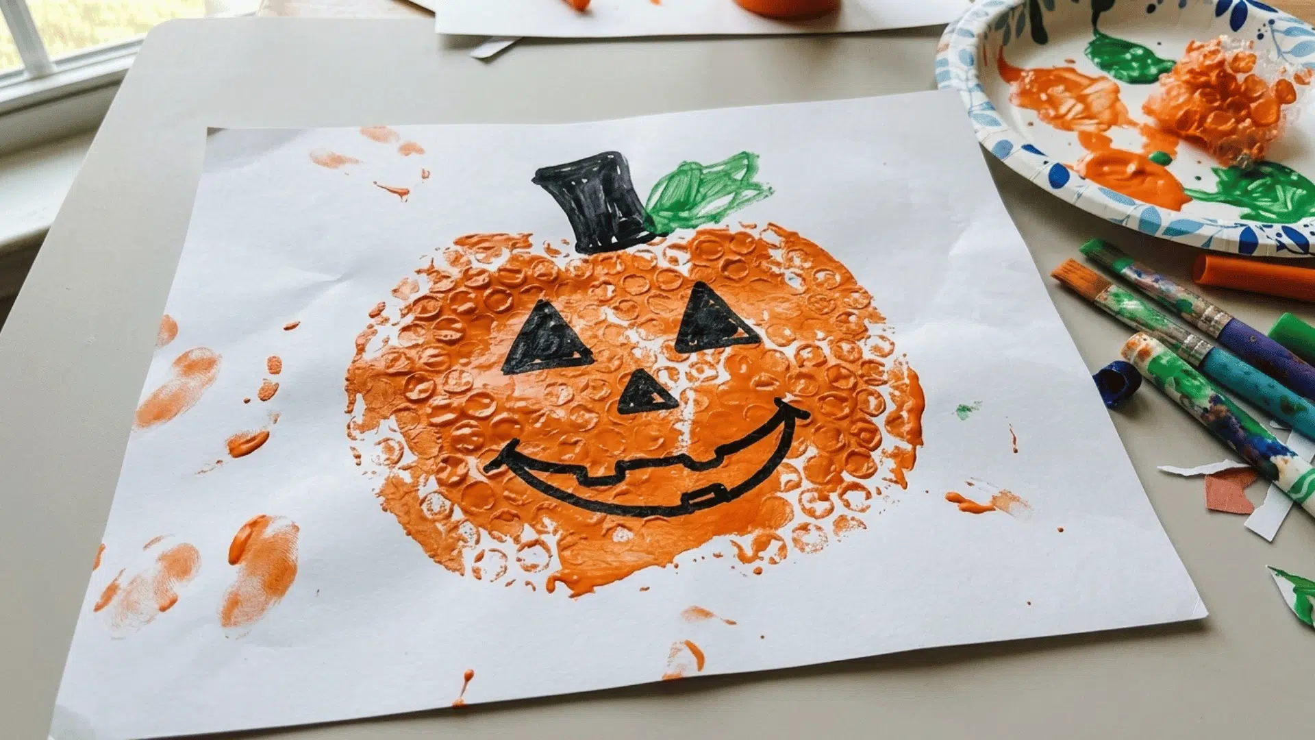 bubble wrap pumpkin print featuring textured orange paint stamped on cardstock.