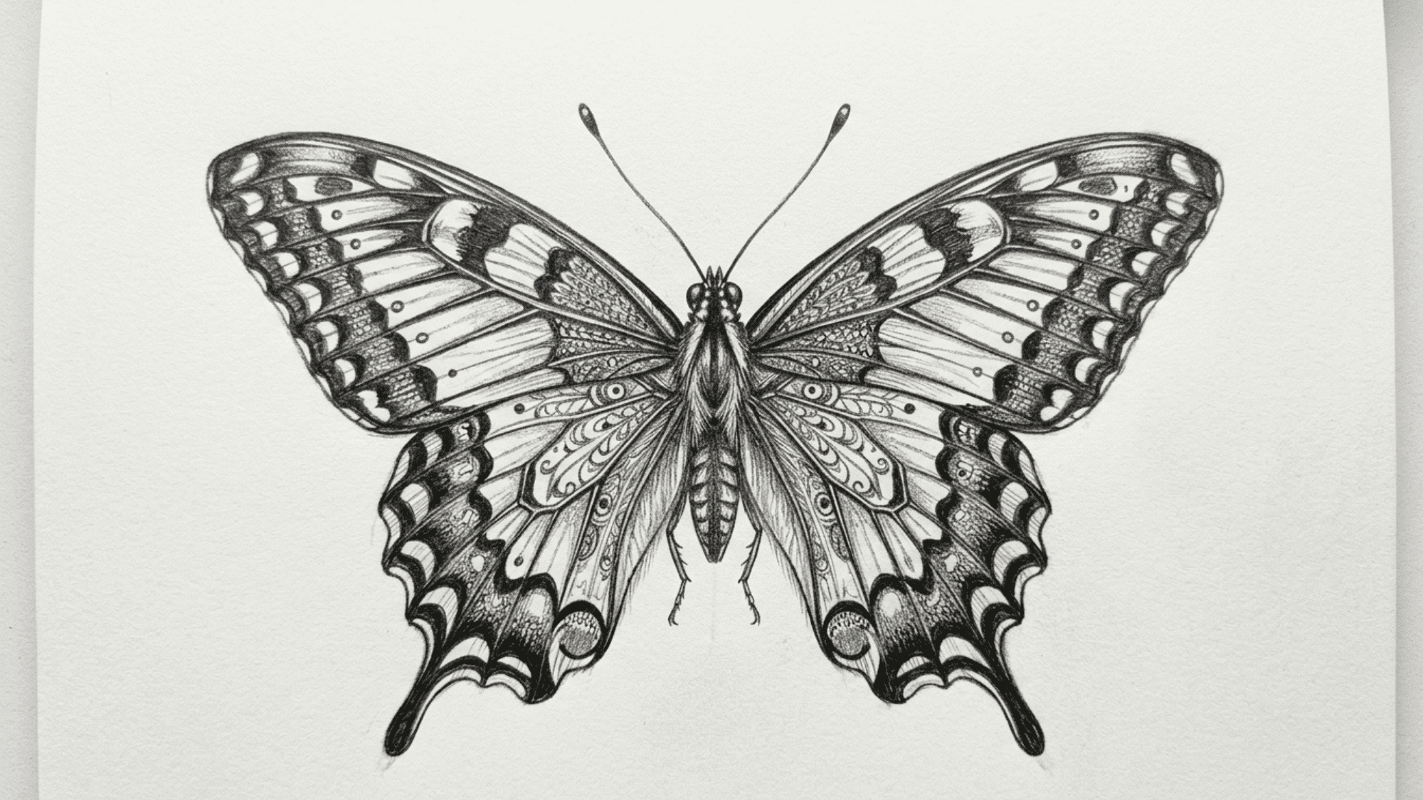 butterfly with patterned wings pencil sketch showing symmetry detail and soft shading