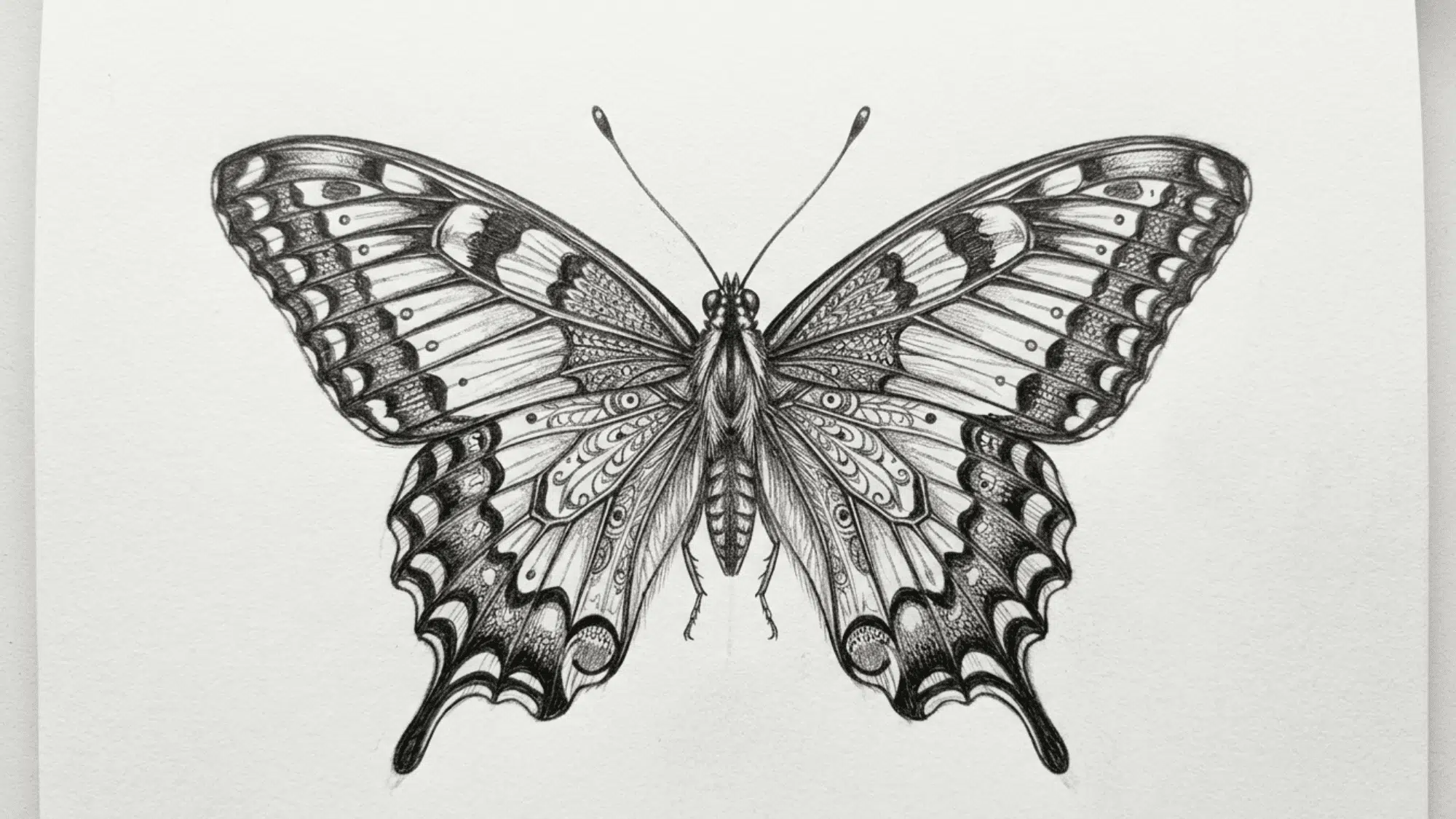 butterfly with patterned wings pencil sketch showing symmetry detail and soft shading