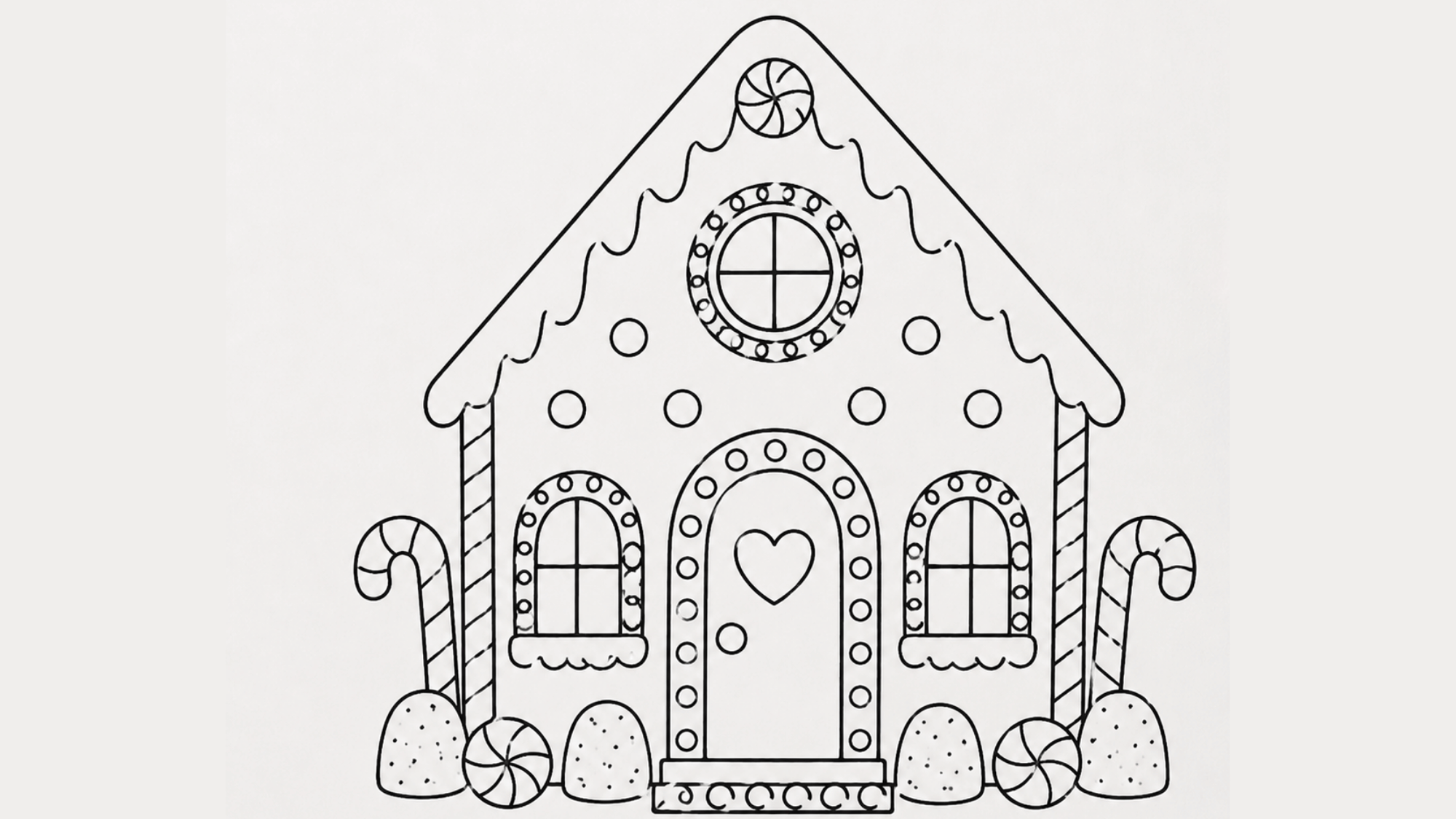 cute gingerbread house drawing decorated with candy canes, icing, and sweet holiday details