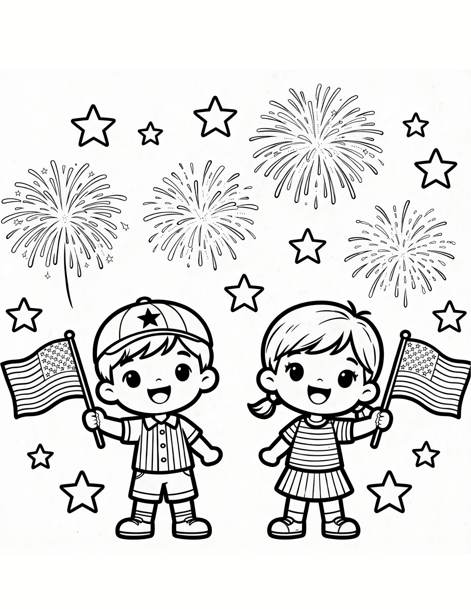 cartoon patriotic characters celebrating fourth of july black outline coloring page for children