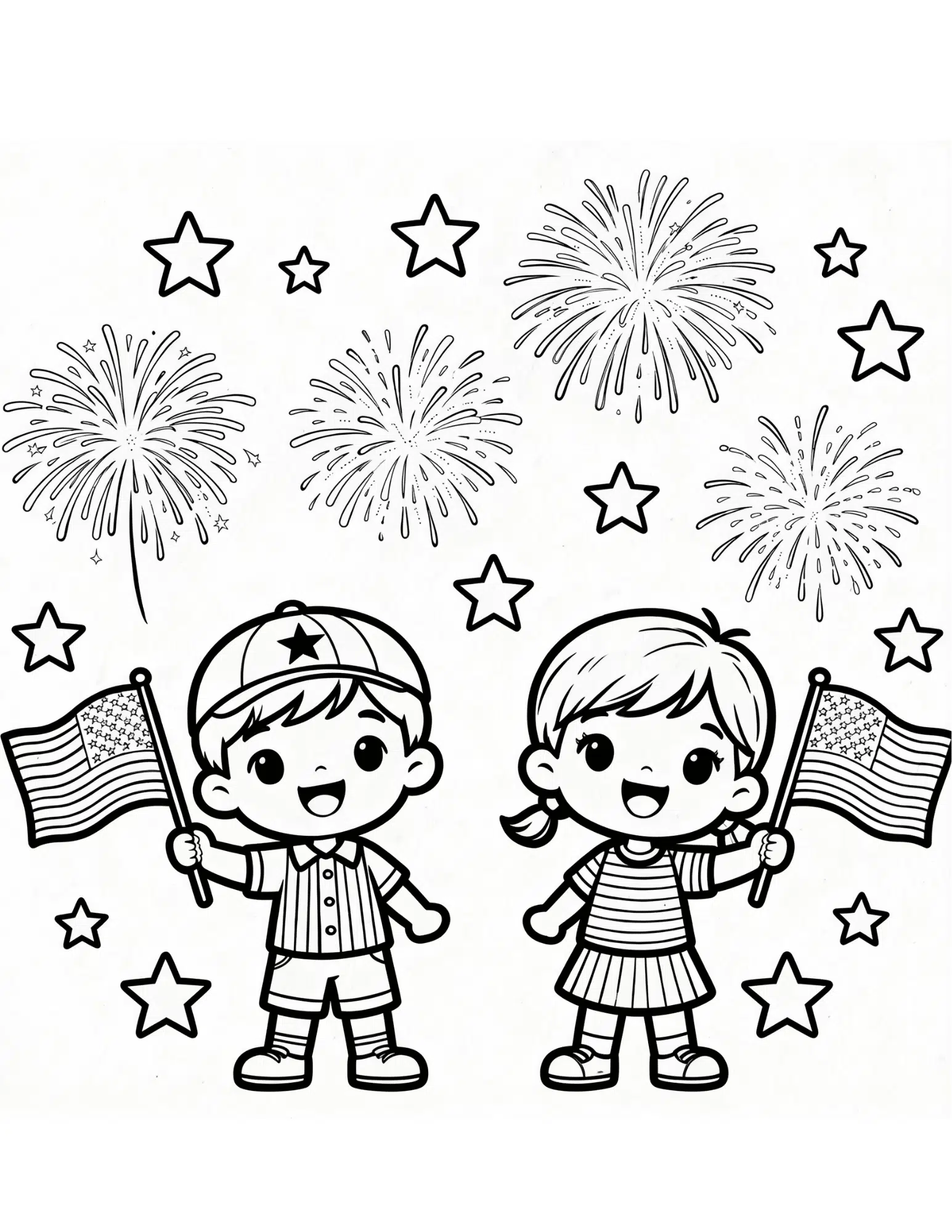 cartoon patriotic characters celebrating fourth of july black outline coloring page for children
