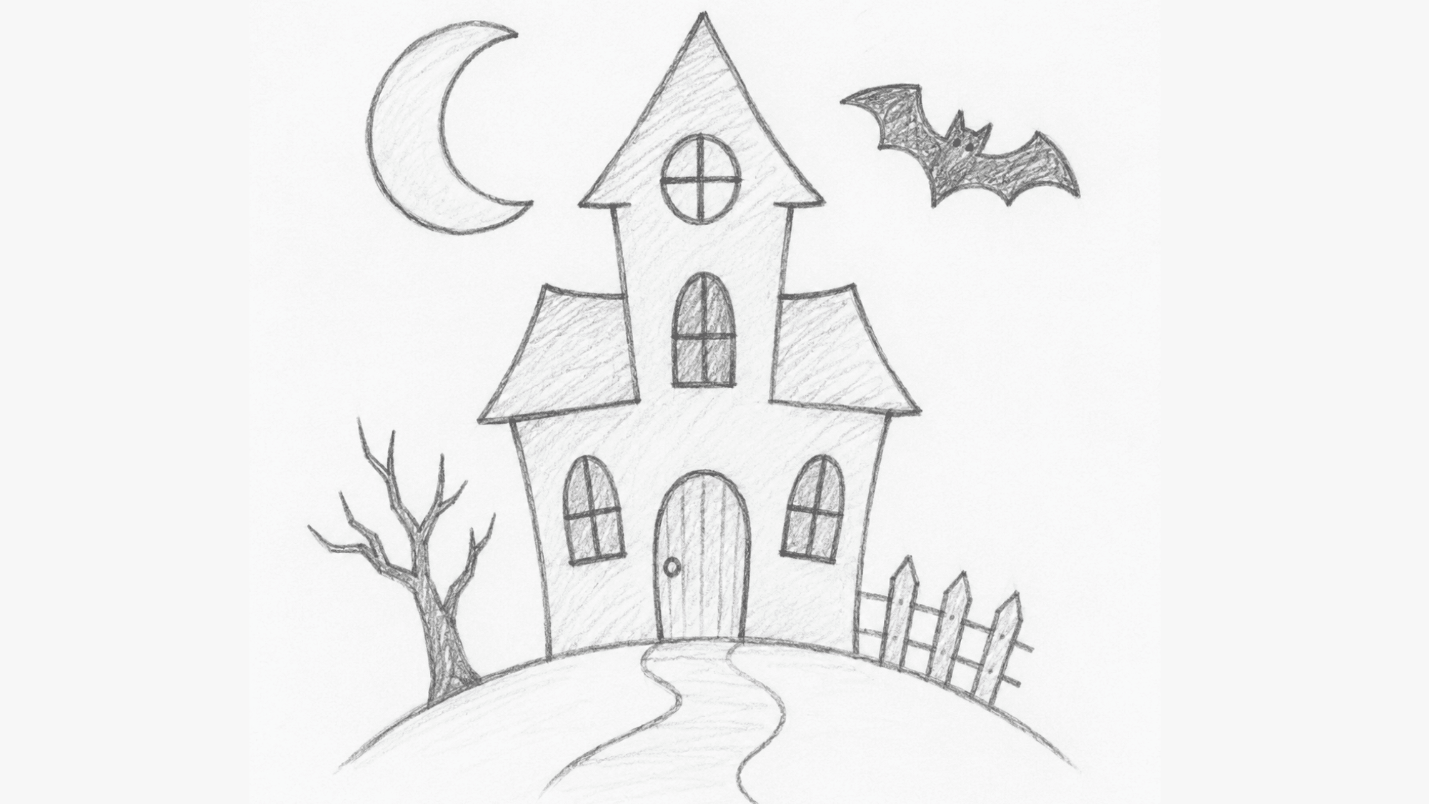 simple haunted house pencil drawing with crooked windows, spooky tree, bat, and crescent moon for beginners.