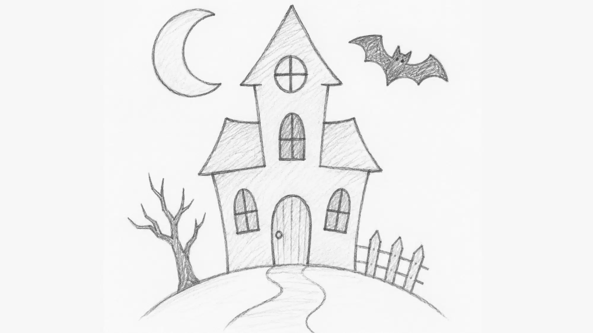 simple haunted house pencil drawing with crooked windows, spooky tree, bat, and crescent moon for beginners.