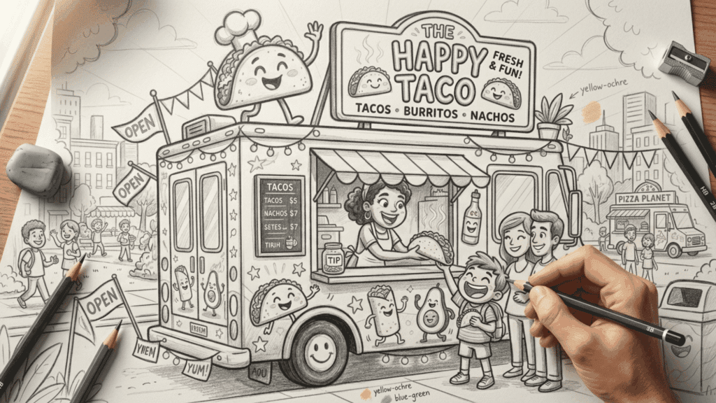 colorful cartoon taco food truck serving smiling families in a lively city park scene