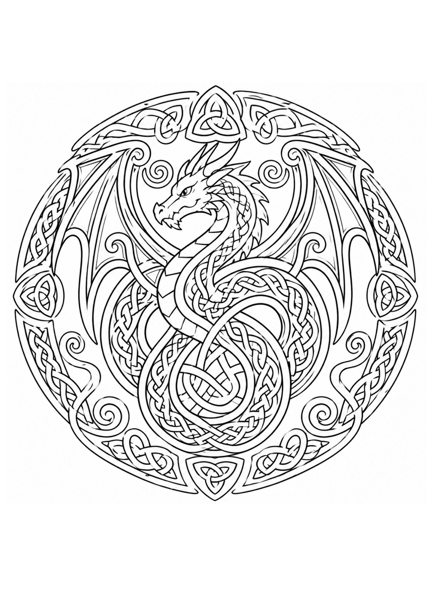Celtic knot dragon with simple ancient patterns and bold black outlines, fun printable kids coloring page.