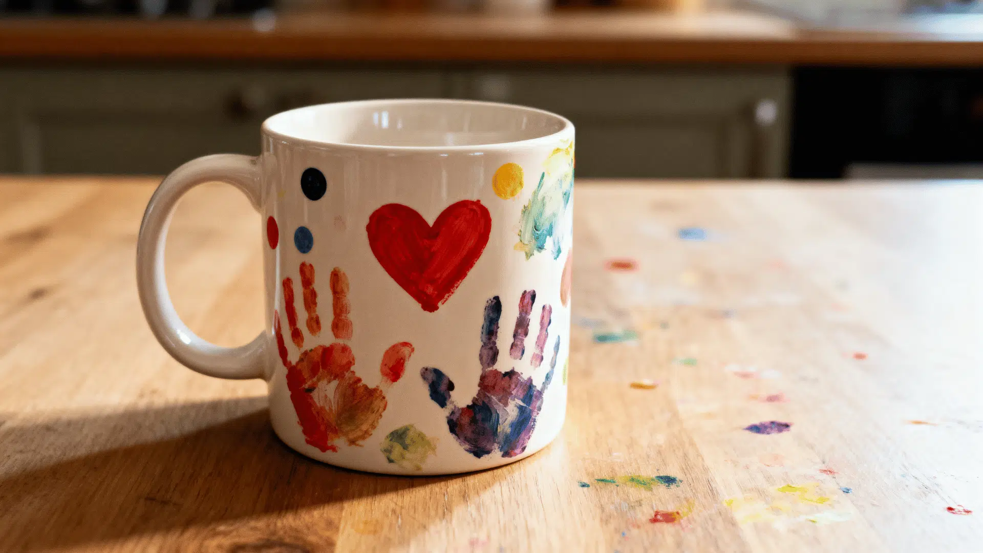 handmade painted mug with toddler handprints and colorful designs for Father’s Day.