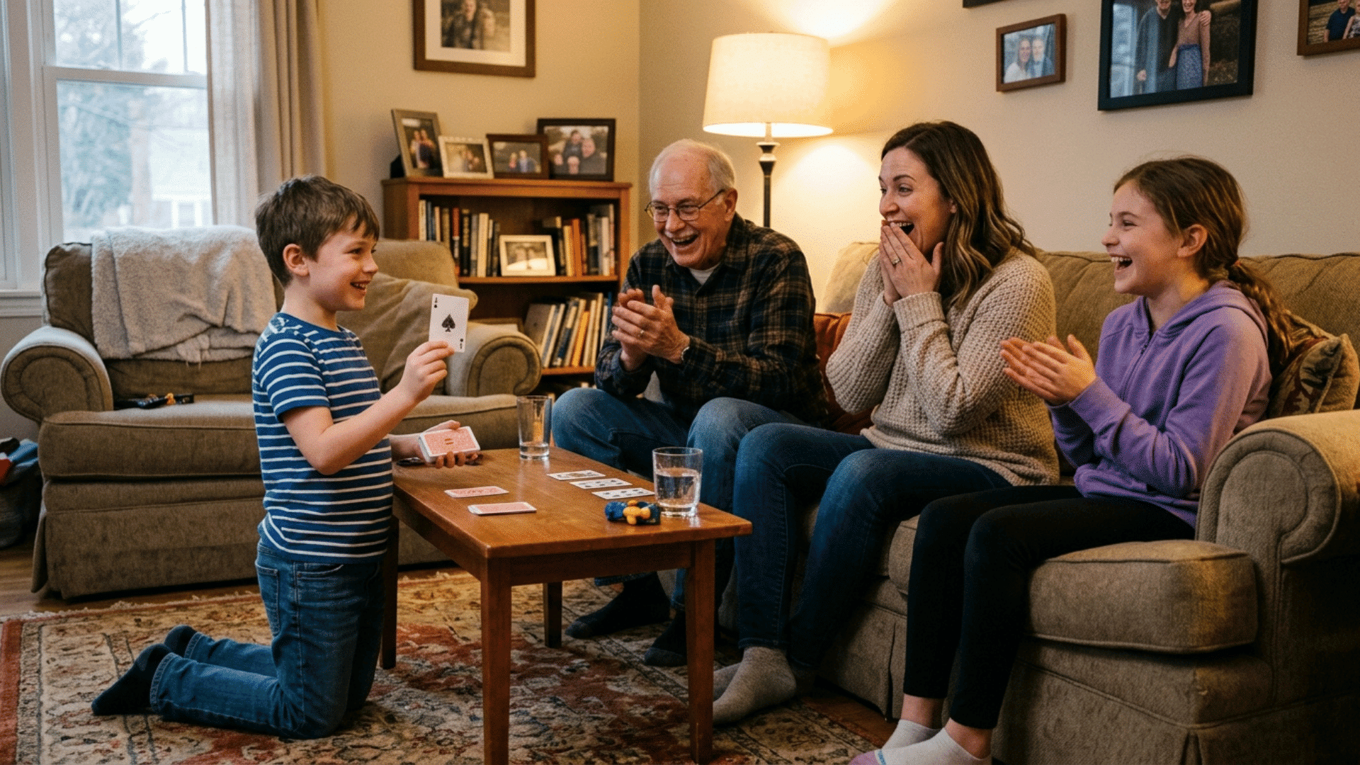 child performing a simple magic trick with playing cards indoors
