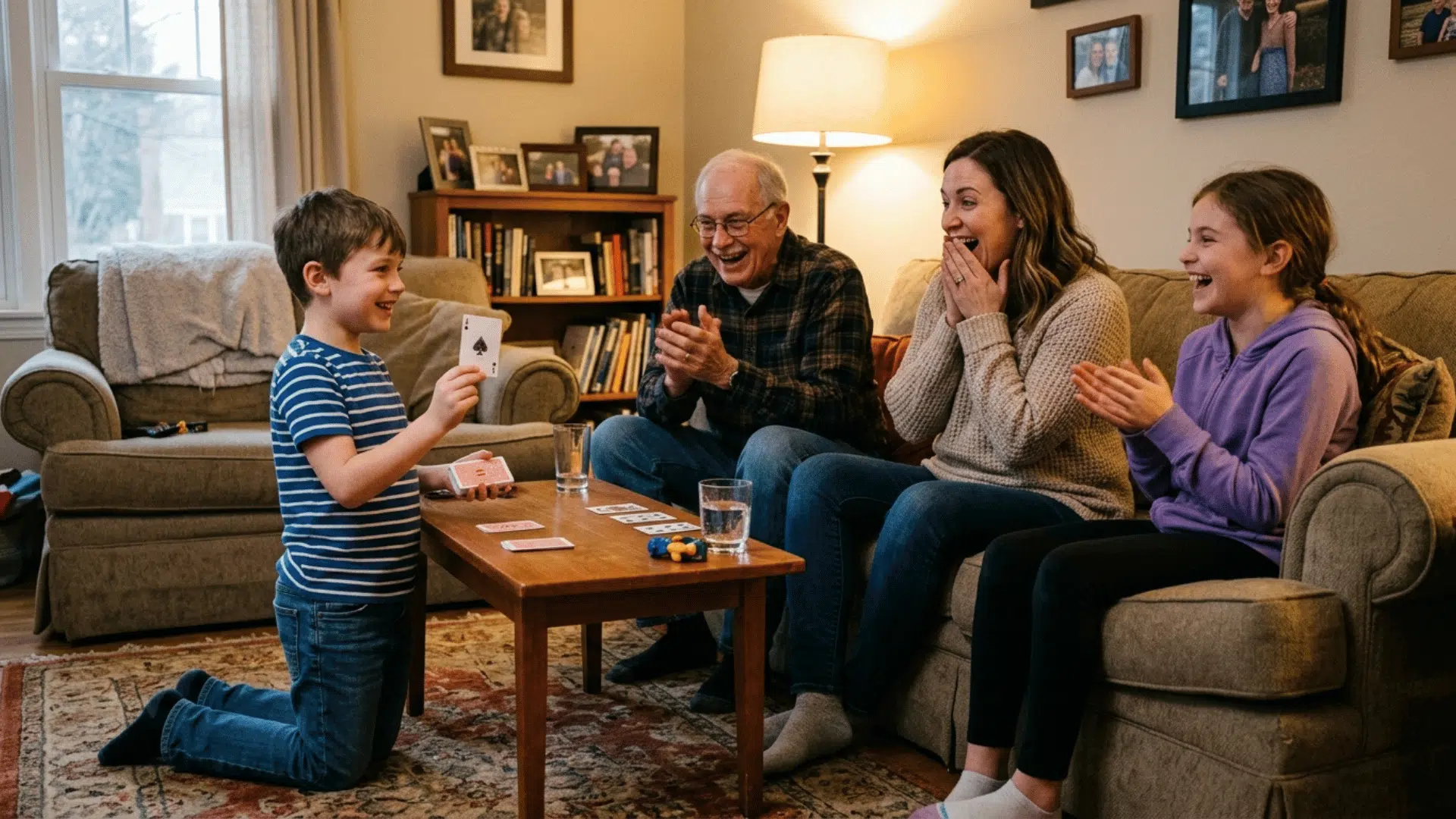 child performing a simple magic trick with playing cards indoors