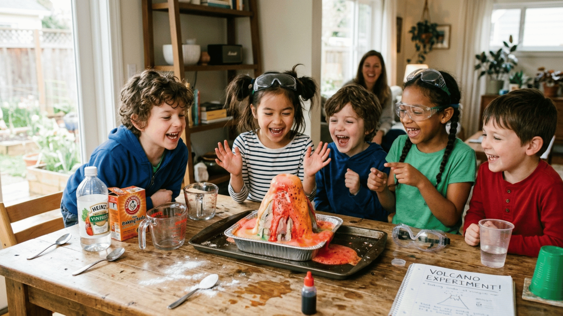 children doing a baking soda science experiment at a table indoors.