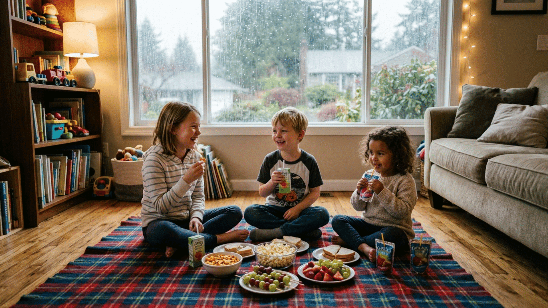 kids enjoying a picnic on a blanket inside the living room.