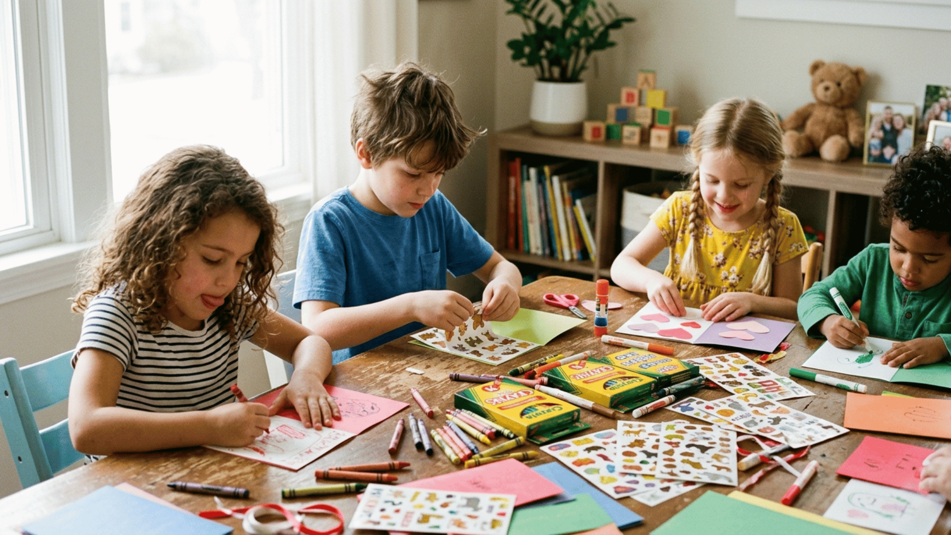 kids making colorful handmade greeting cards with stickers and crayons