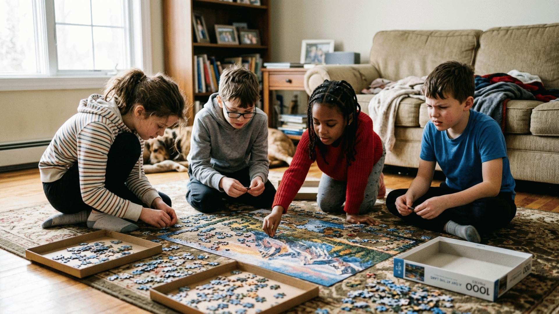 children racing to complete a large jigsaw puzzle on the floor.