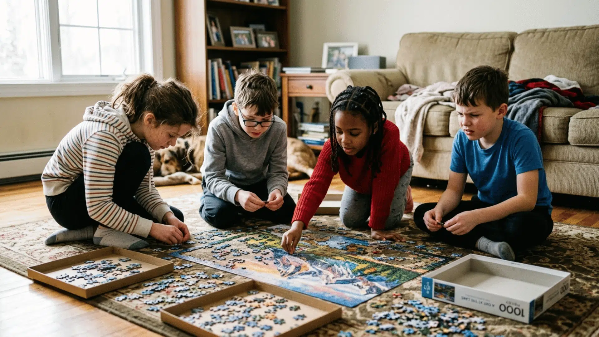 children racing to complete a large jigsaw puzzle on the floor.