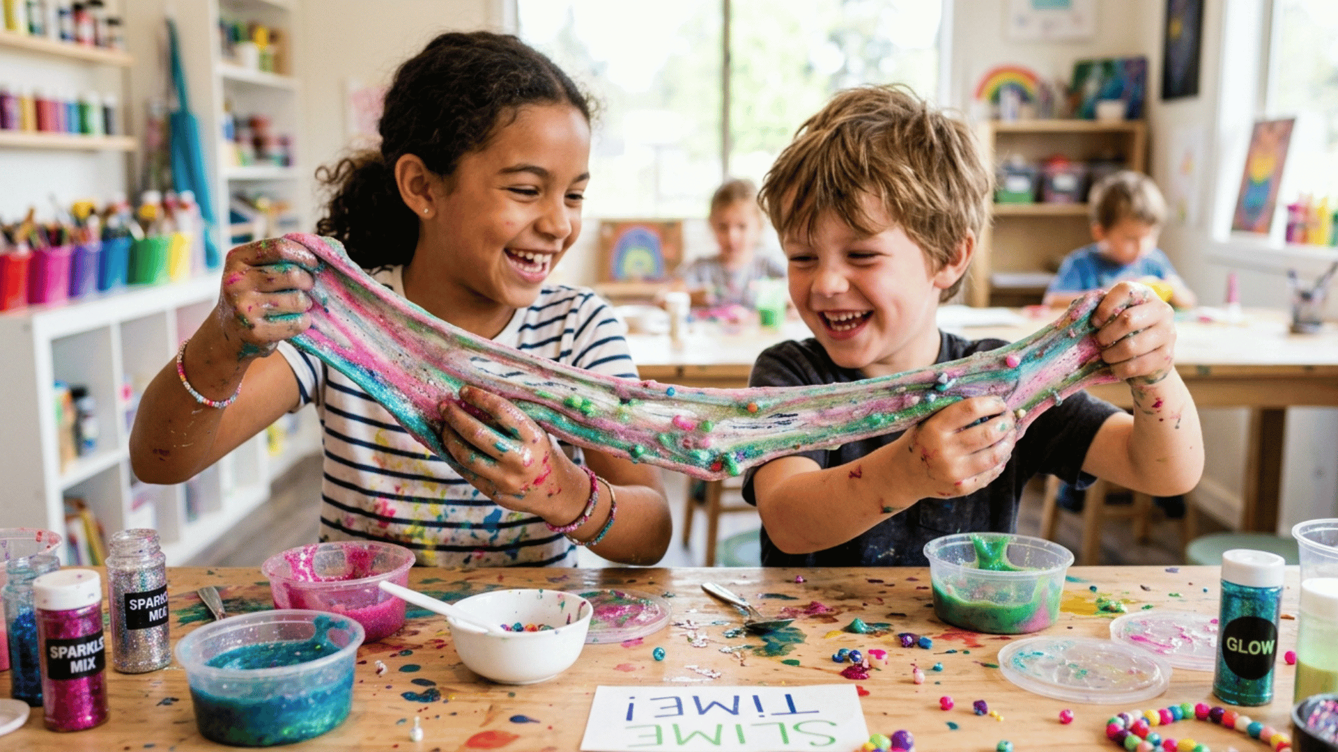 kids stretching colorful homemade slime during an indoor craft activity.