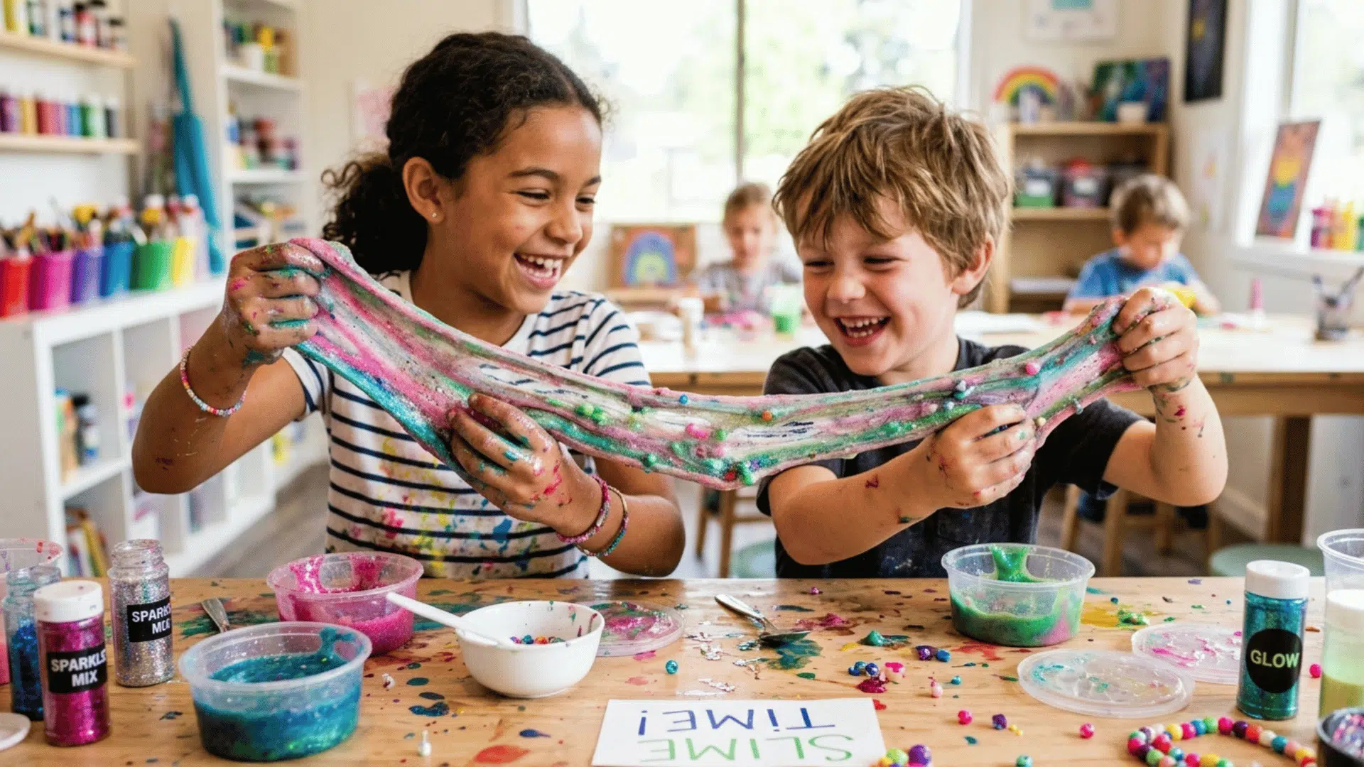 kids stretching colorful homemade slime during an indoor craft activity.
