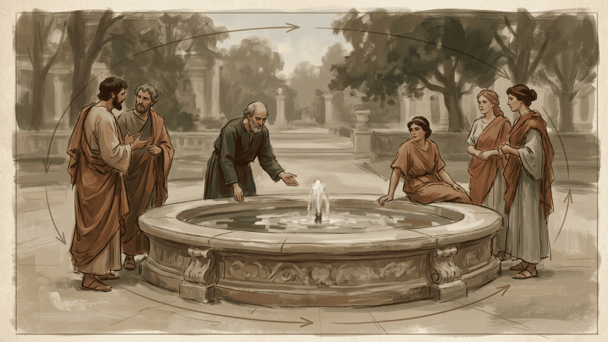 figures gathered around a circular fountain, forming an oval layout that keeps the eye moving inward