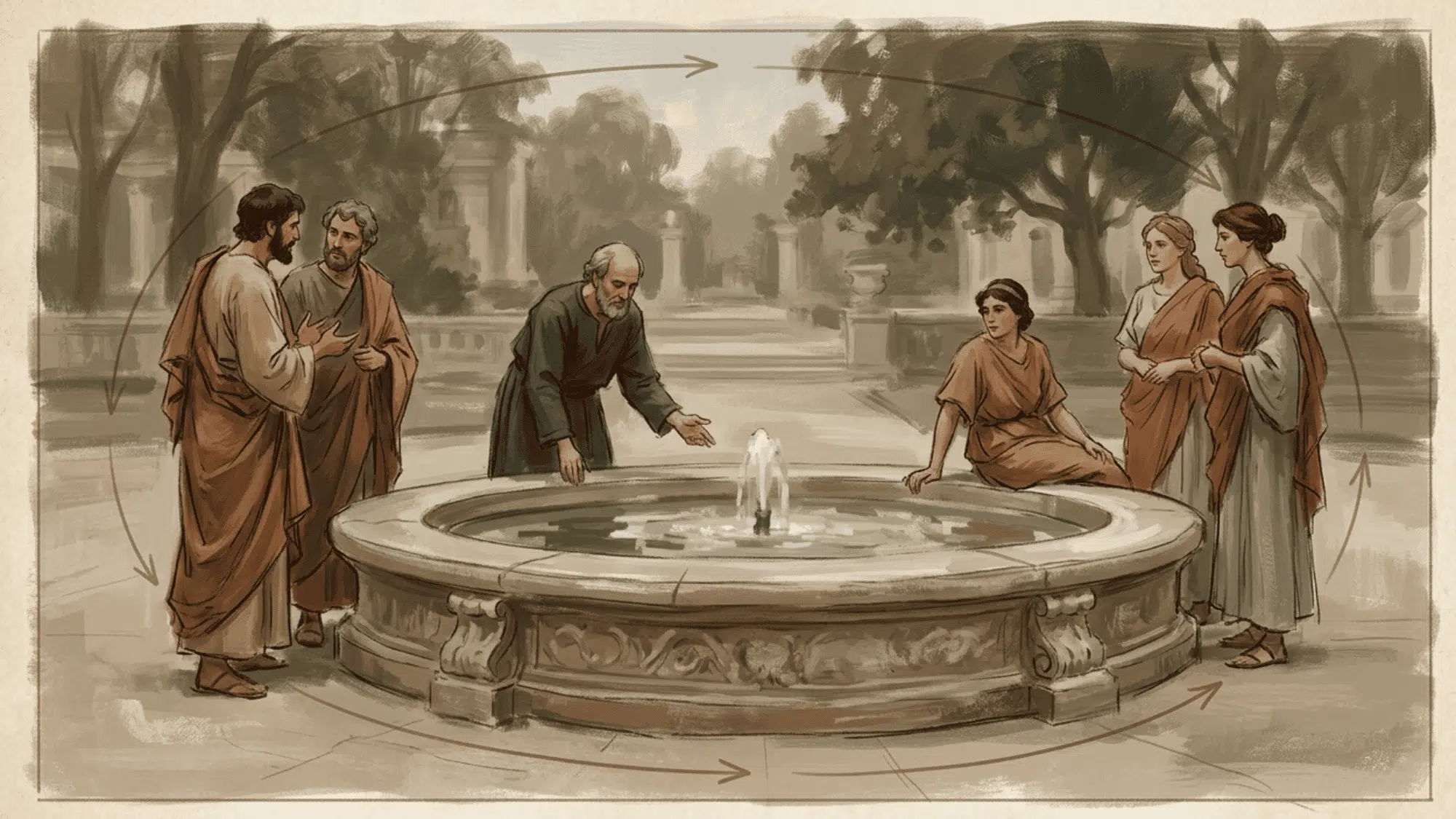 figures gathered around a circular fountain, forming an oval layout that keeps the eye moving inward