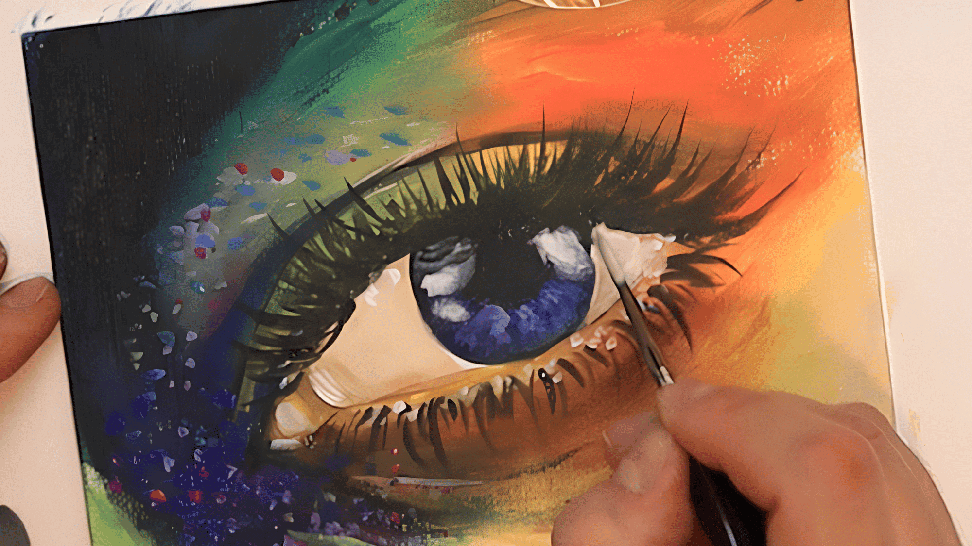 close-up painting of colorful eye makeup with vivid blue iris and detailed eyelashes in progress.