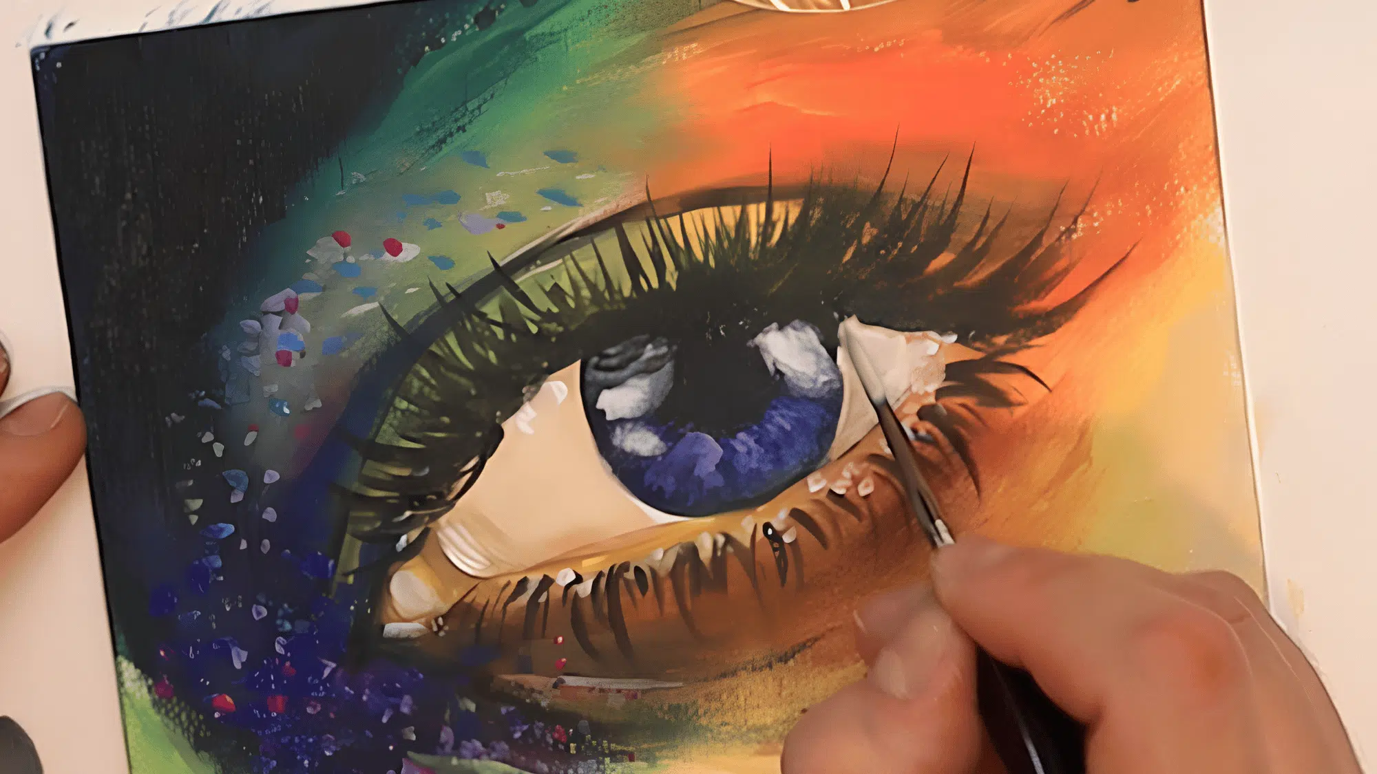close-up painting of colorful eye makeup with vivid blue iris and detailed eyelashes in progress.