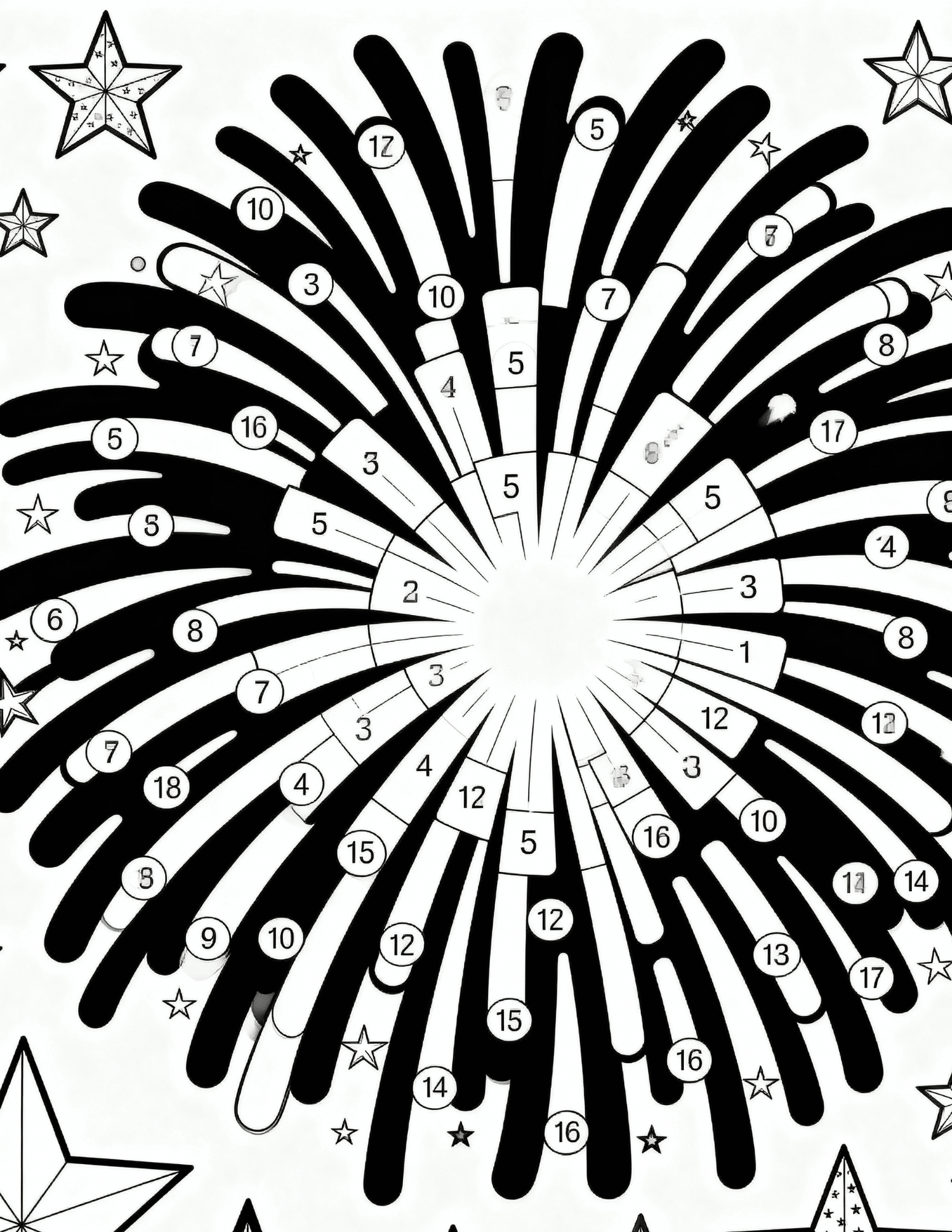 fourth of july fireworks color by number activity black outline coloring page for kids learning