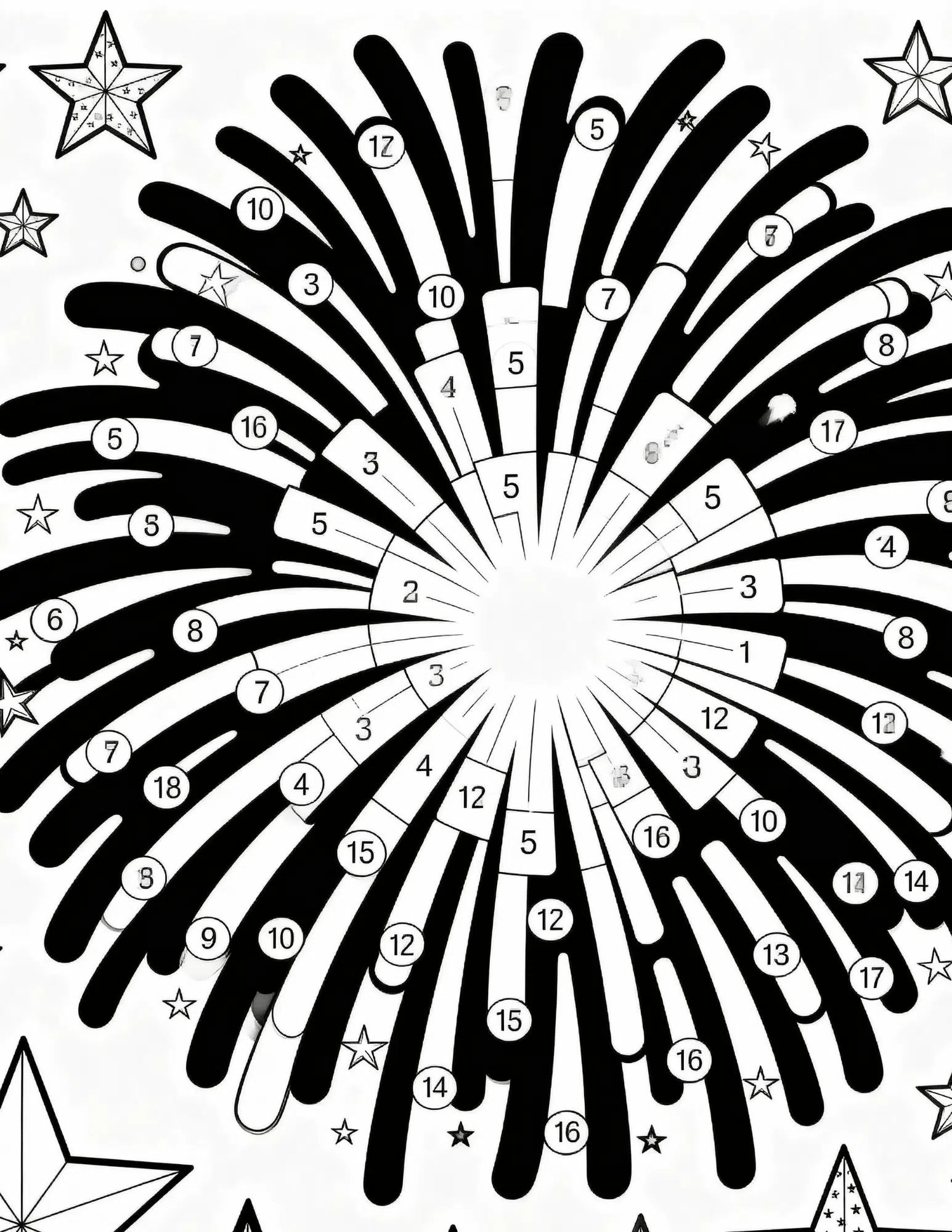 fourth of july fireworks color by number activity black outline coloring page for kids learning