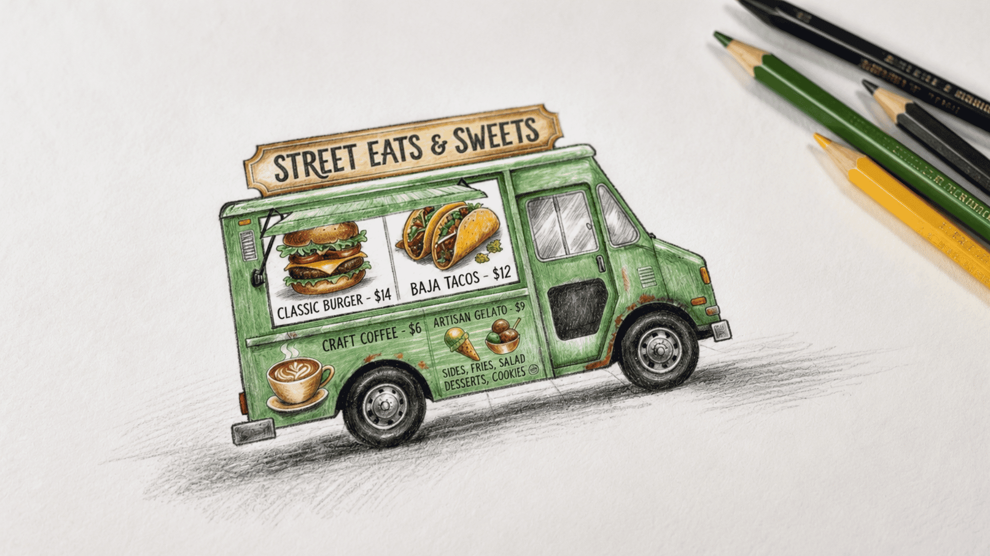 colored pencil rendering of a street food truck with illustrated menu and vibrant details