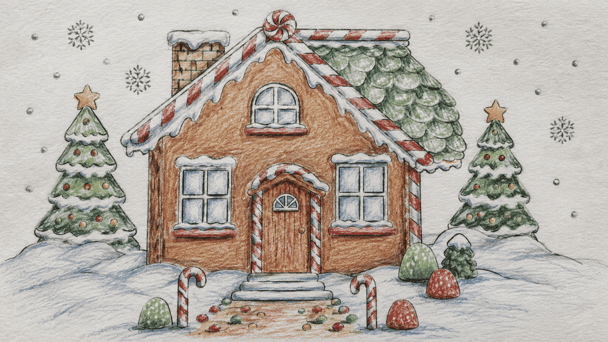 hand drawn gingerbread house in snowy landscape with Christmas trees, candy canes, and falling snowflakes.